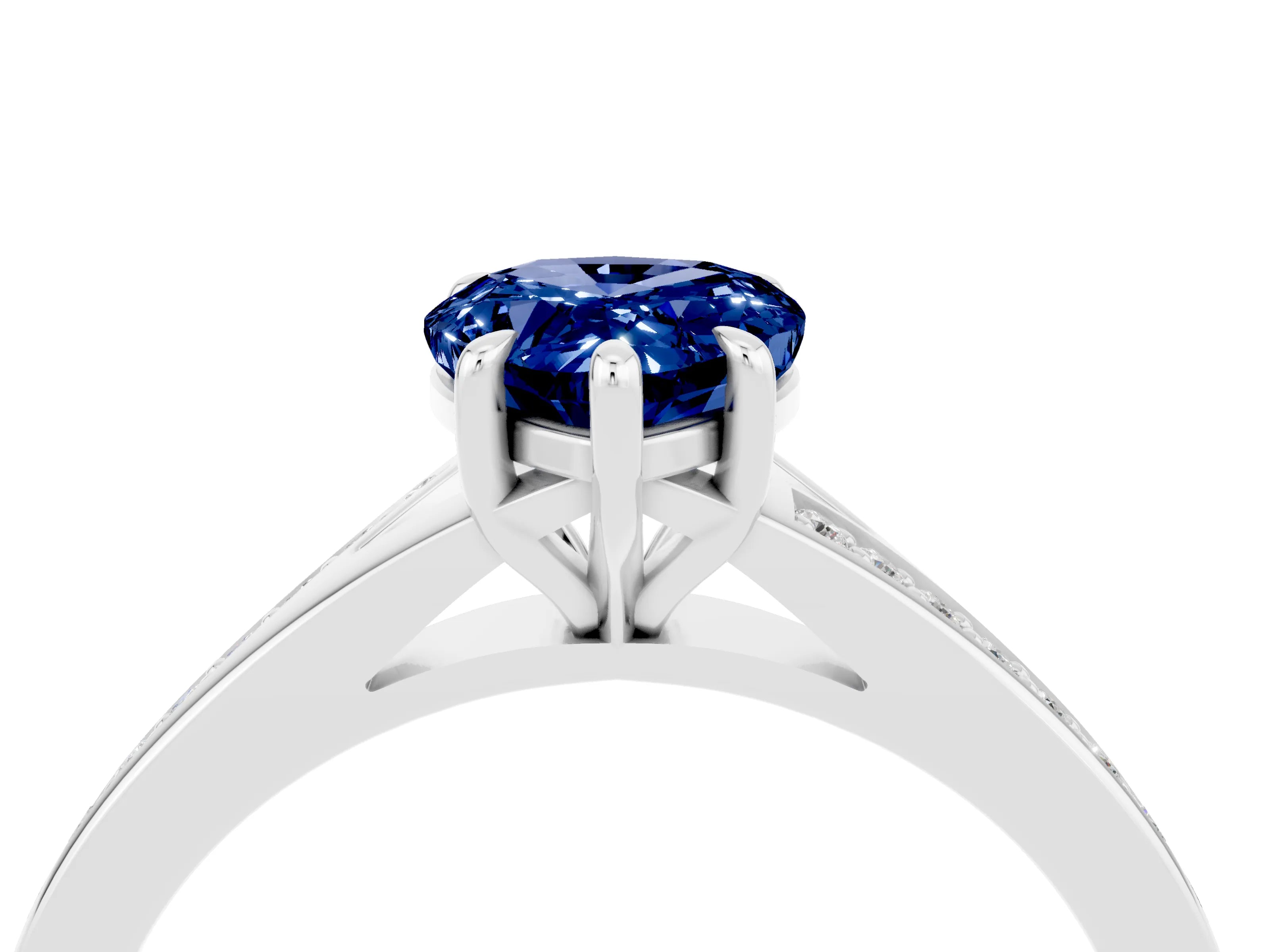 White gold Pear Cut Blue Sapphire Solitaire Ring with Pavé Band and Prong Setting_4