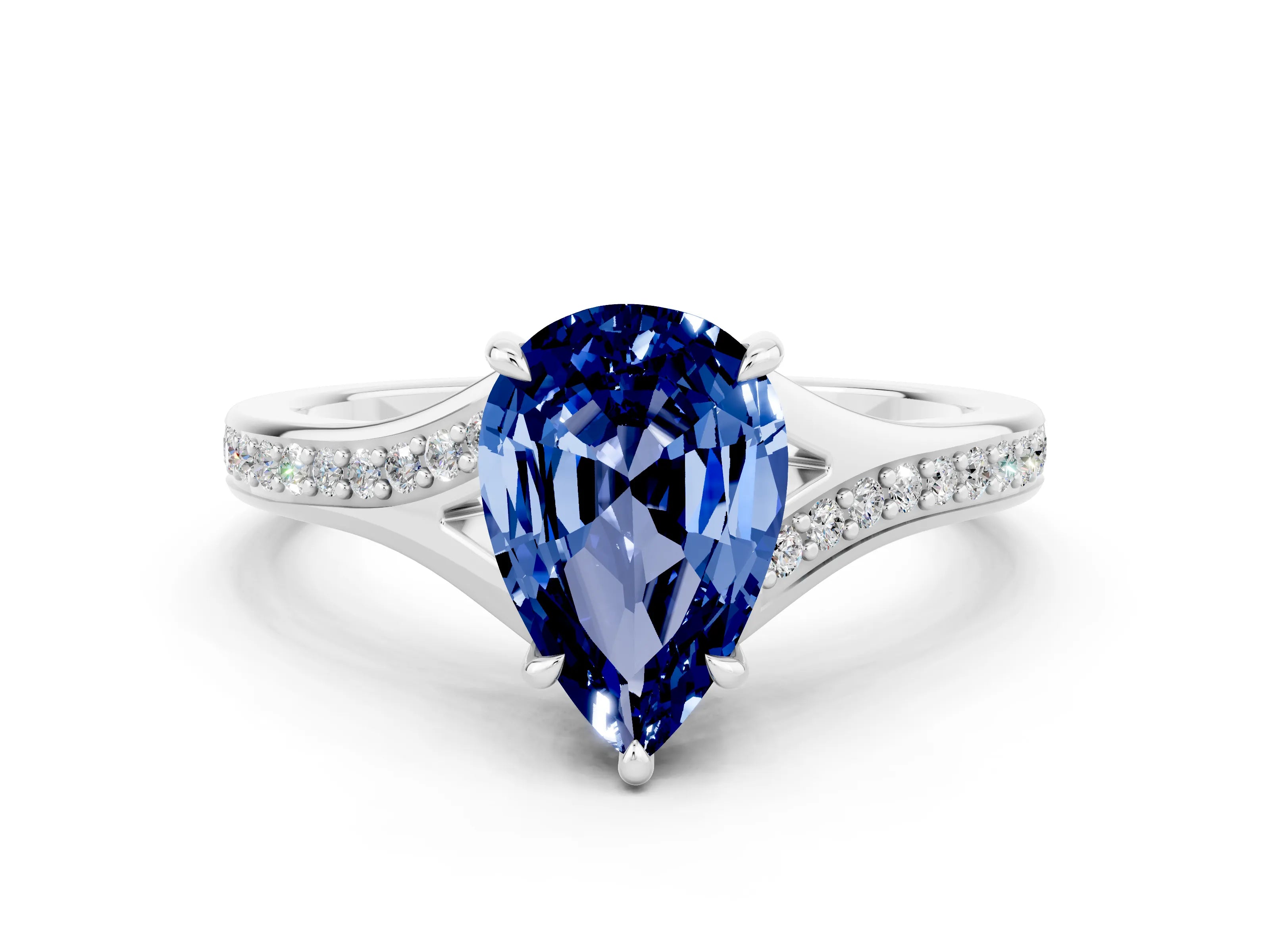 White gold Pear Cut Blue Sapphire Solitaire Ring with Pavé Band and Prong Setting