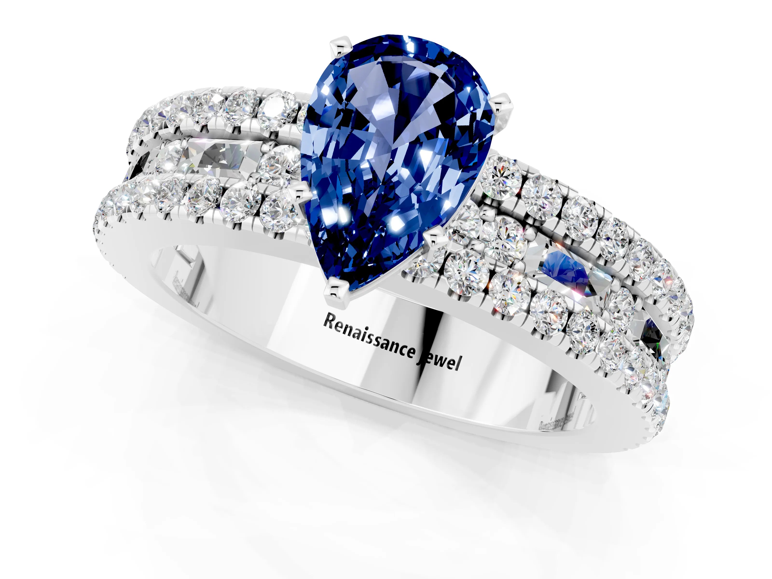 White gold Pear Cut Blue Sapphire Solitaire Ring with Pavé and Channel Set Band_1