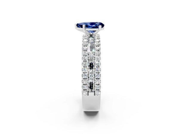Silver Pear Cut Blue Sapphire Solitaire Ring with Pavé and Channel Set Band