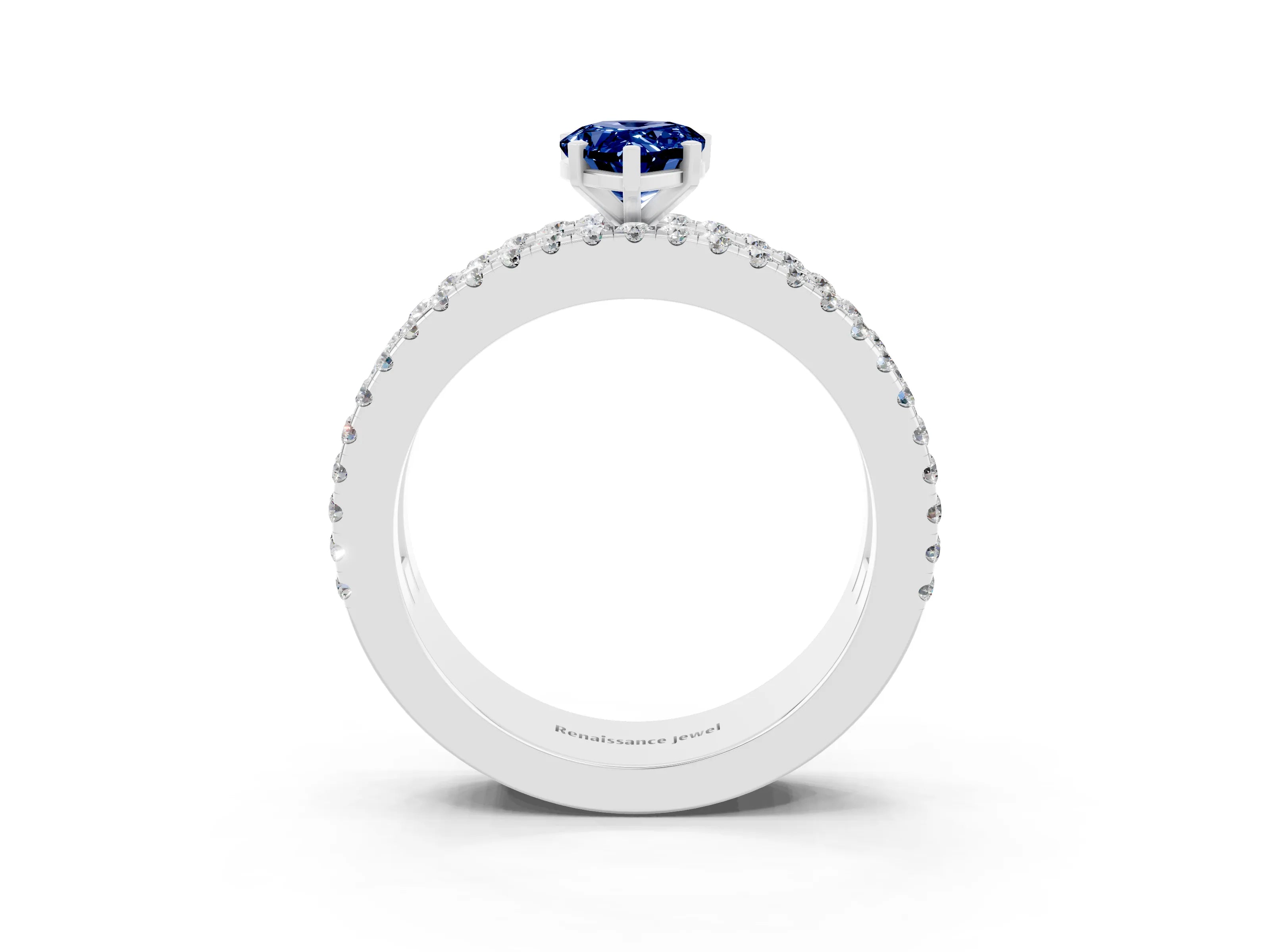 White gold Pear Cut Blue Sapphire Solitaire Ring with Pavé and Channel Set Band_3