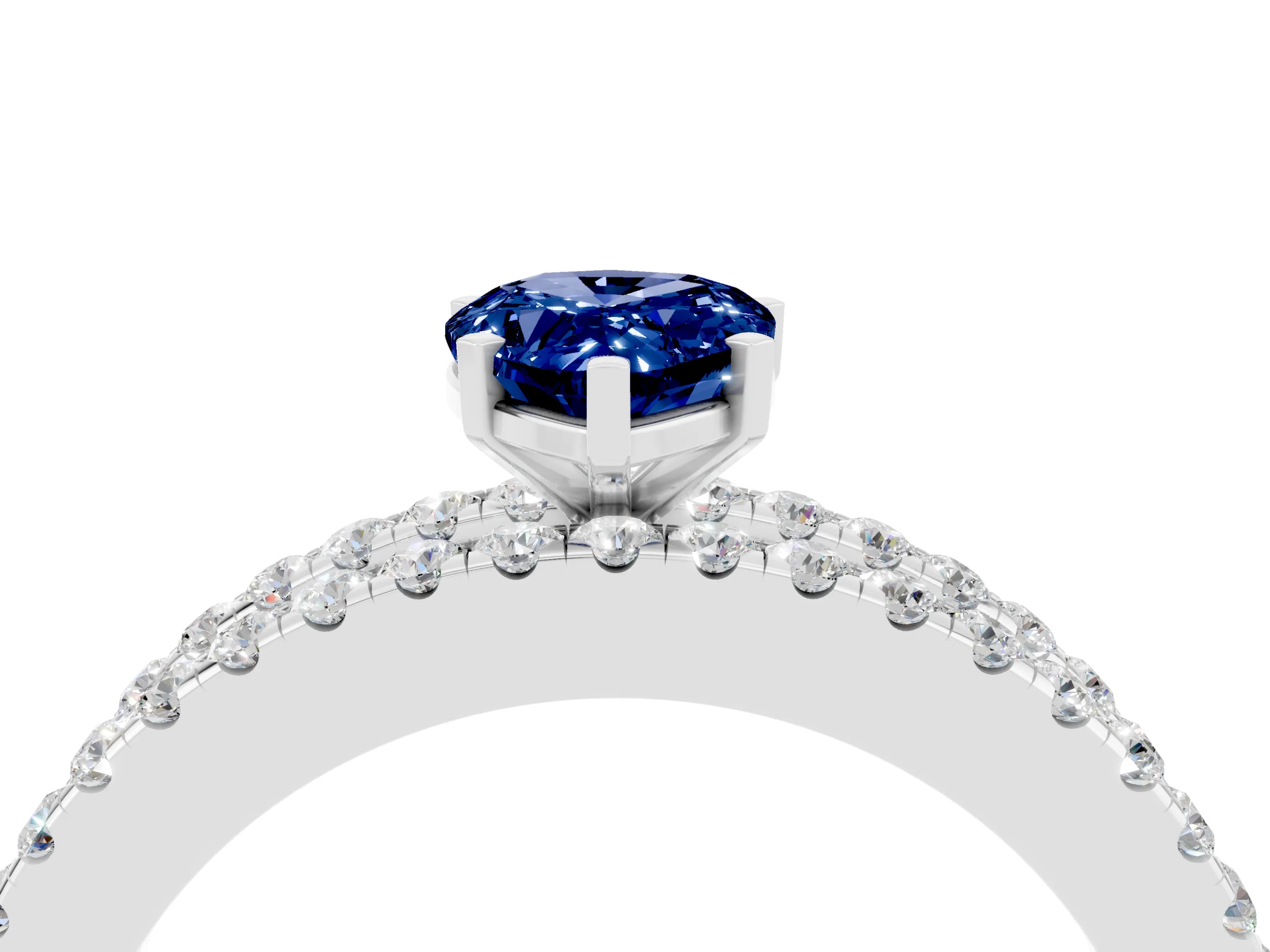 White gold Pear Cut Blue Sapphire Solitaire Ring with Pavé and Channel Set Band_4