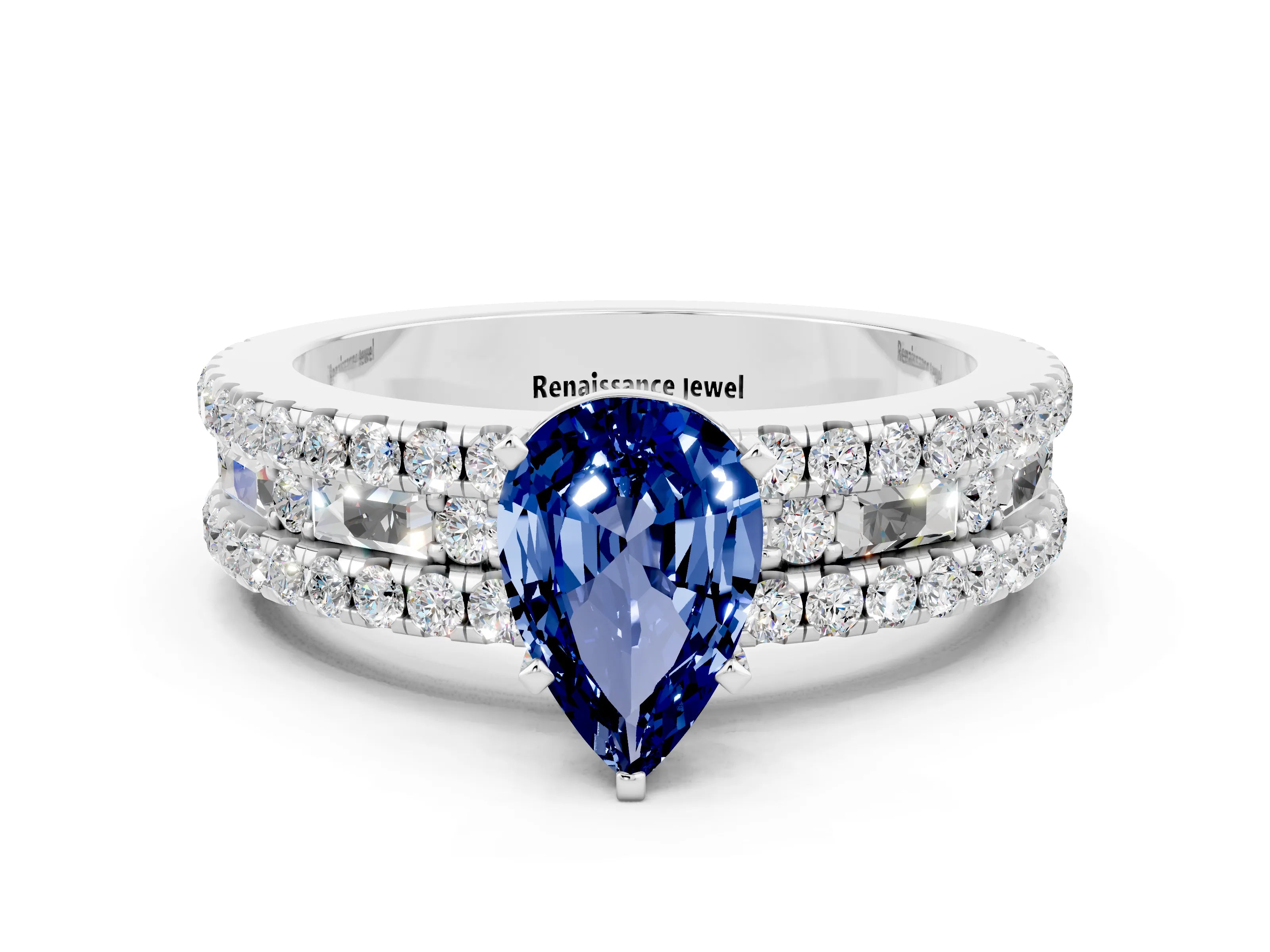White gold Pear Cut Blue Sapphire Solitaire Ring with Pavé and Channel Set Band