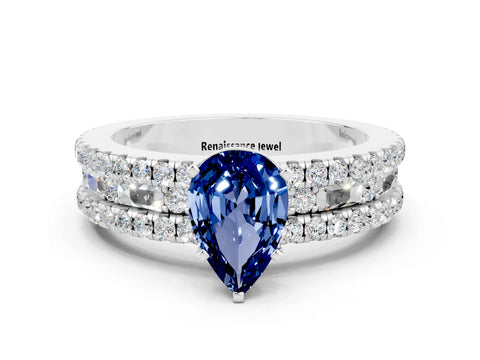 White gold Pear Cut Blue Sapphire Solitaire Ring with Pavé and Channel Set Band