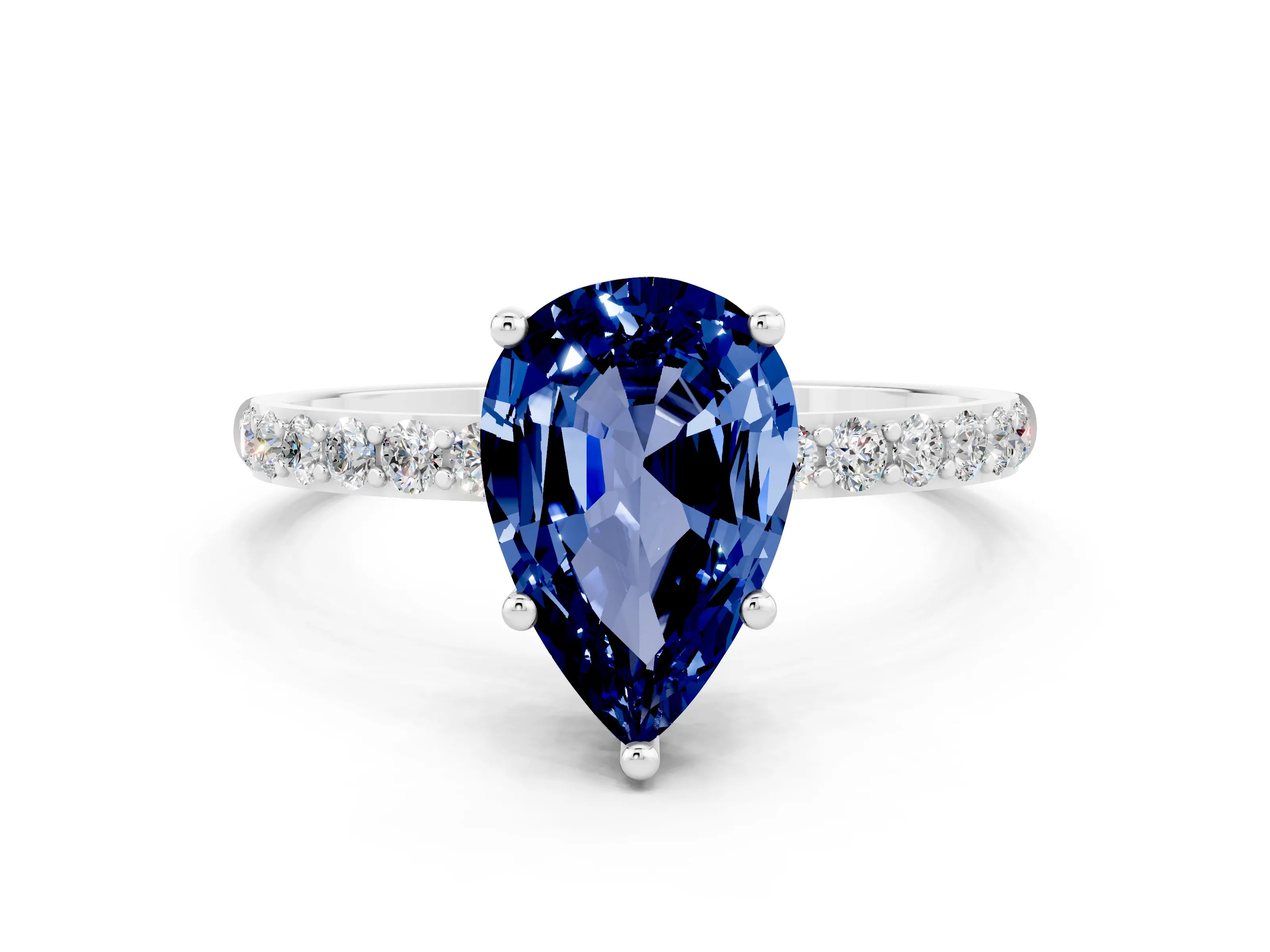 White gold Pear Cut Blue Sapphire Solitaire Ring with Pave Band and Four Prong Setting_24