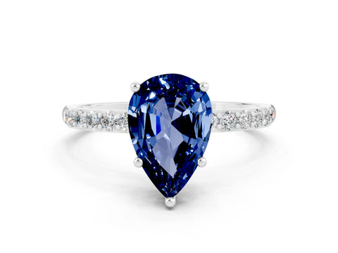 White gold Pear Cut Blue Sapphire Solitaire Ring with Pave Band and Four Prong Setting_24