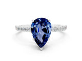 White gold Pear Cut Blue Sapphire Solitaire Ring with Pave Band and Four Prong Setting_24