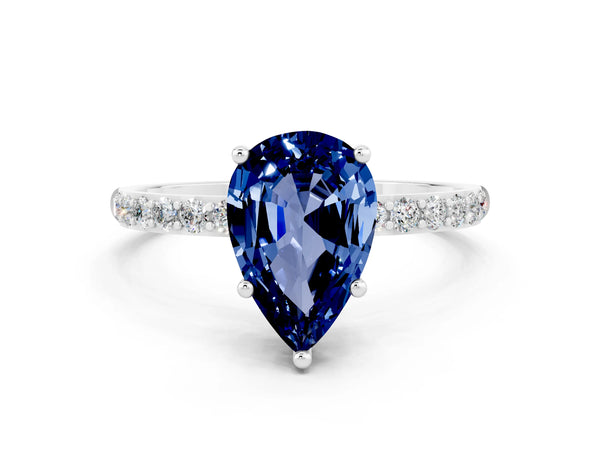 White gold Pear Cut Blue Sapphire Solitaire Ring with Round  Pavé Band and Prong Setting
