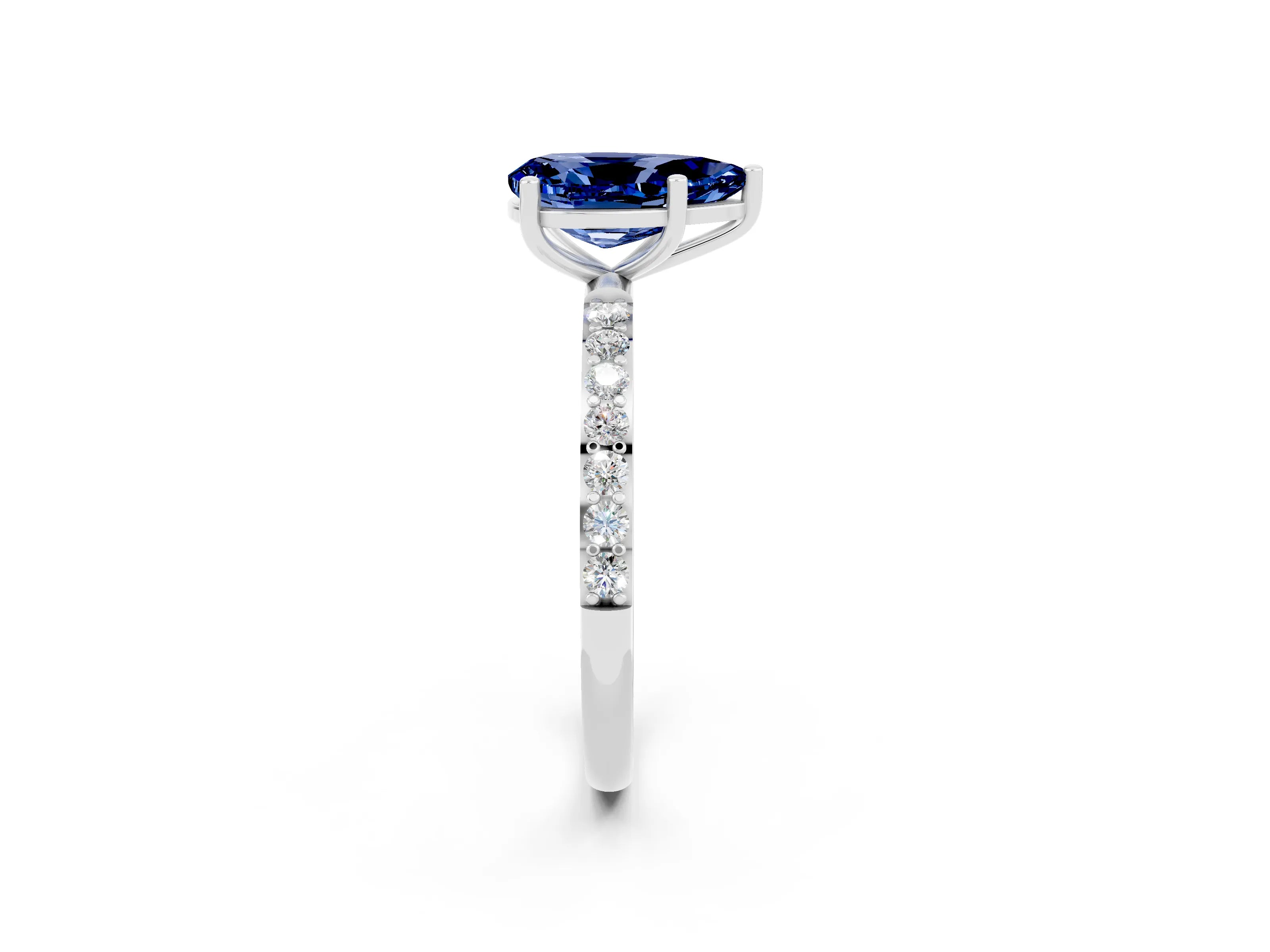 White gold Pear Cut Blue Sapphire Solitaire Ring with Pave Band and Four Prong Setting_26