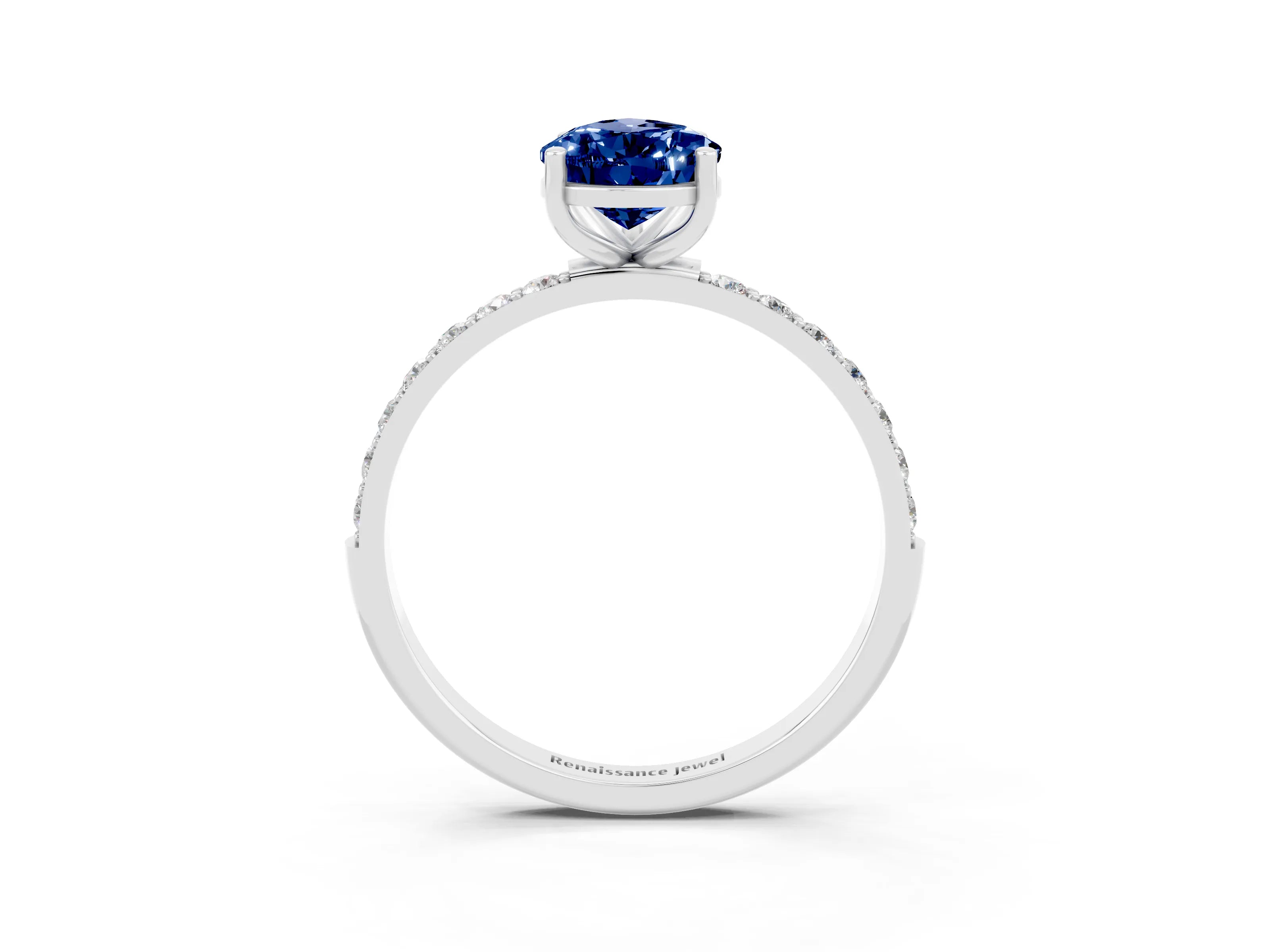 White gold Pear Cut Blue Sapphire Solitaire Ring with Pave Band and Four Prong Setting_27