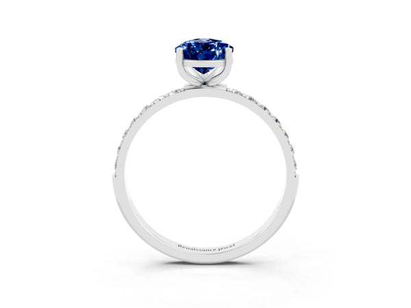 Platinum Pear Cut Blue Sapphire Solitaire Ring with Round  Pavé Band and Prong Setting