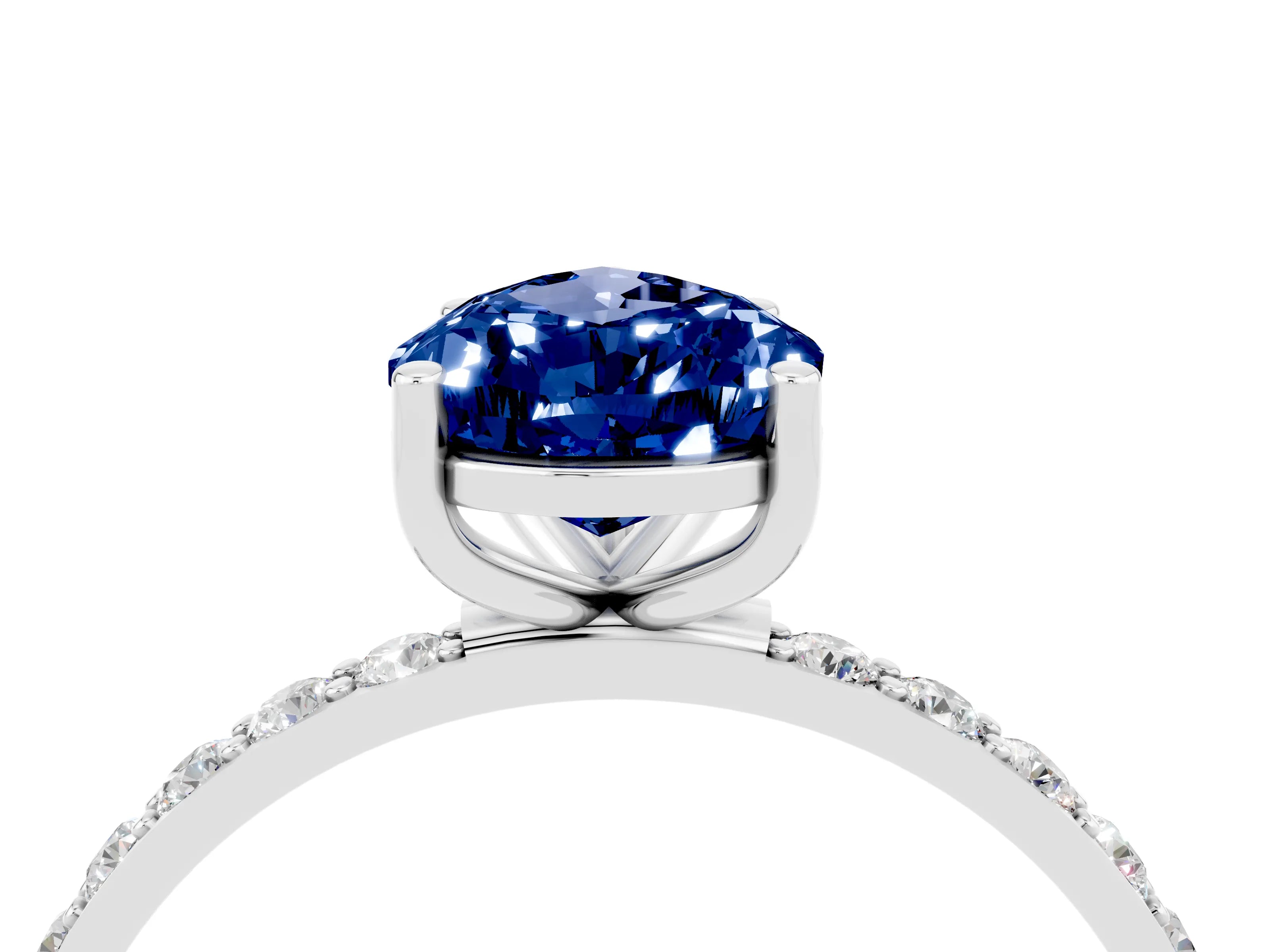 White gold Pear Cut Blue Sapphire Solitaire Ring with Pave Band and Four Prong Setting_28