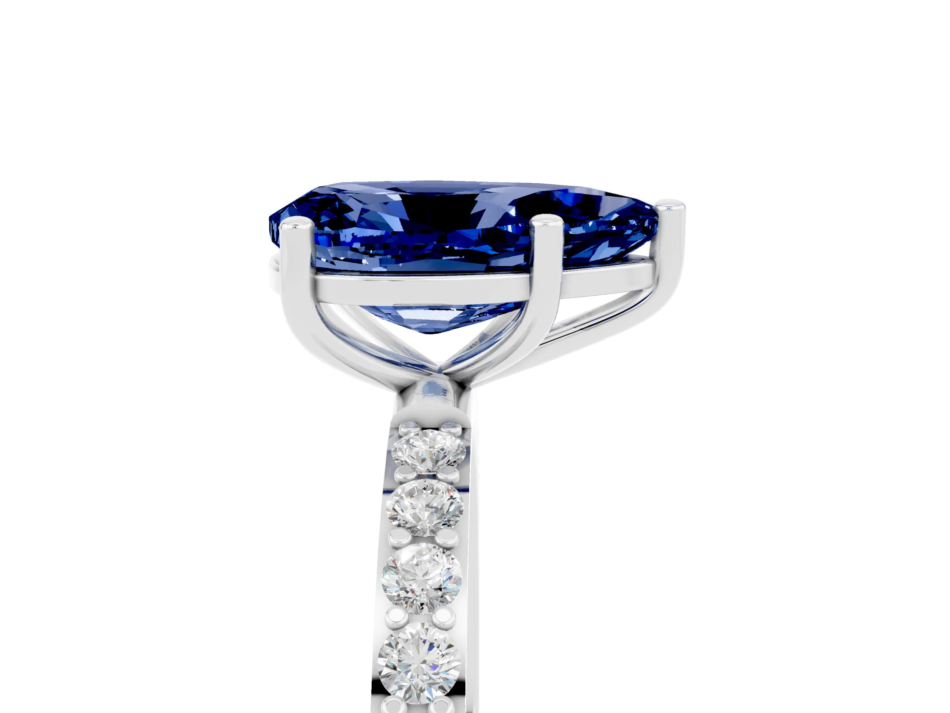 White gold Pear Cut Blue Sapphire Solitaire Ring with Pave Band and Four Prong Setting_29