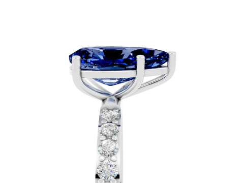 White gold Pear Cut Blue Sapphire Solitaire Ring with Pave Band and Four Prong Setting_29