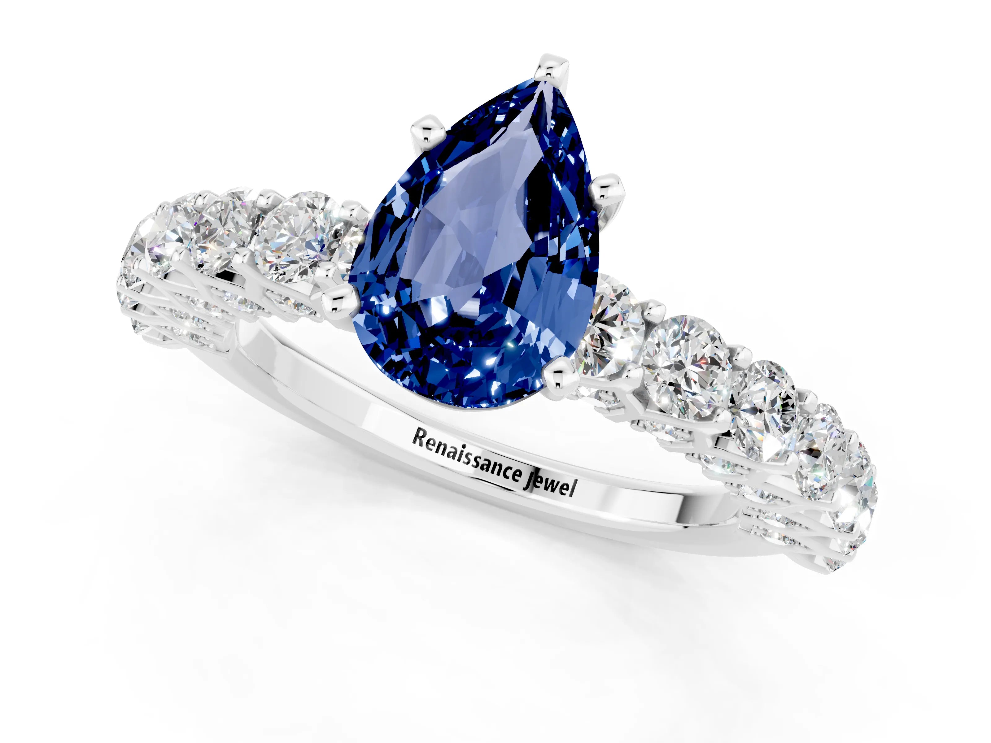 White gold Pear Cut Blue Sapphire Solitaire Ring with Shared Prong Pavé Band and Four-Prong Setting_1