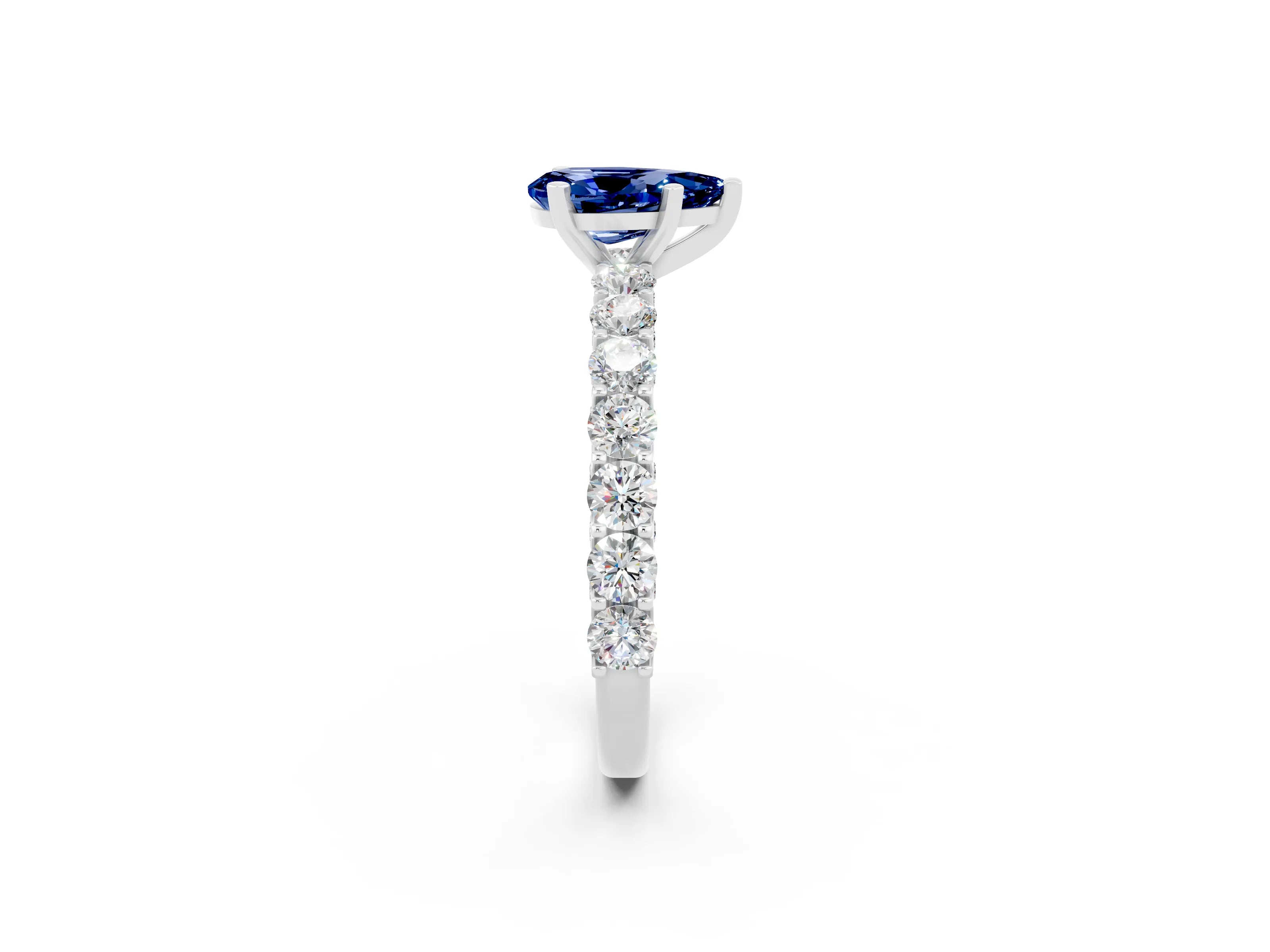 White gold Pear Cut Blue Sapphire Solitaire Ring with Shared Prong Pavé Band and Four-Prong Setting_2
