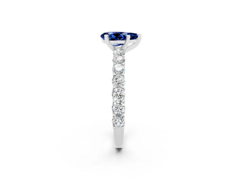 White gold Pear Cut Blue Sapphire Solitaire Ring with Shared Prong Pavé Band and Four-Prong Setting_2