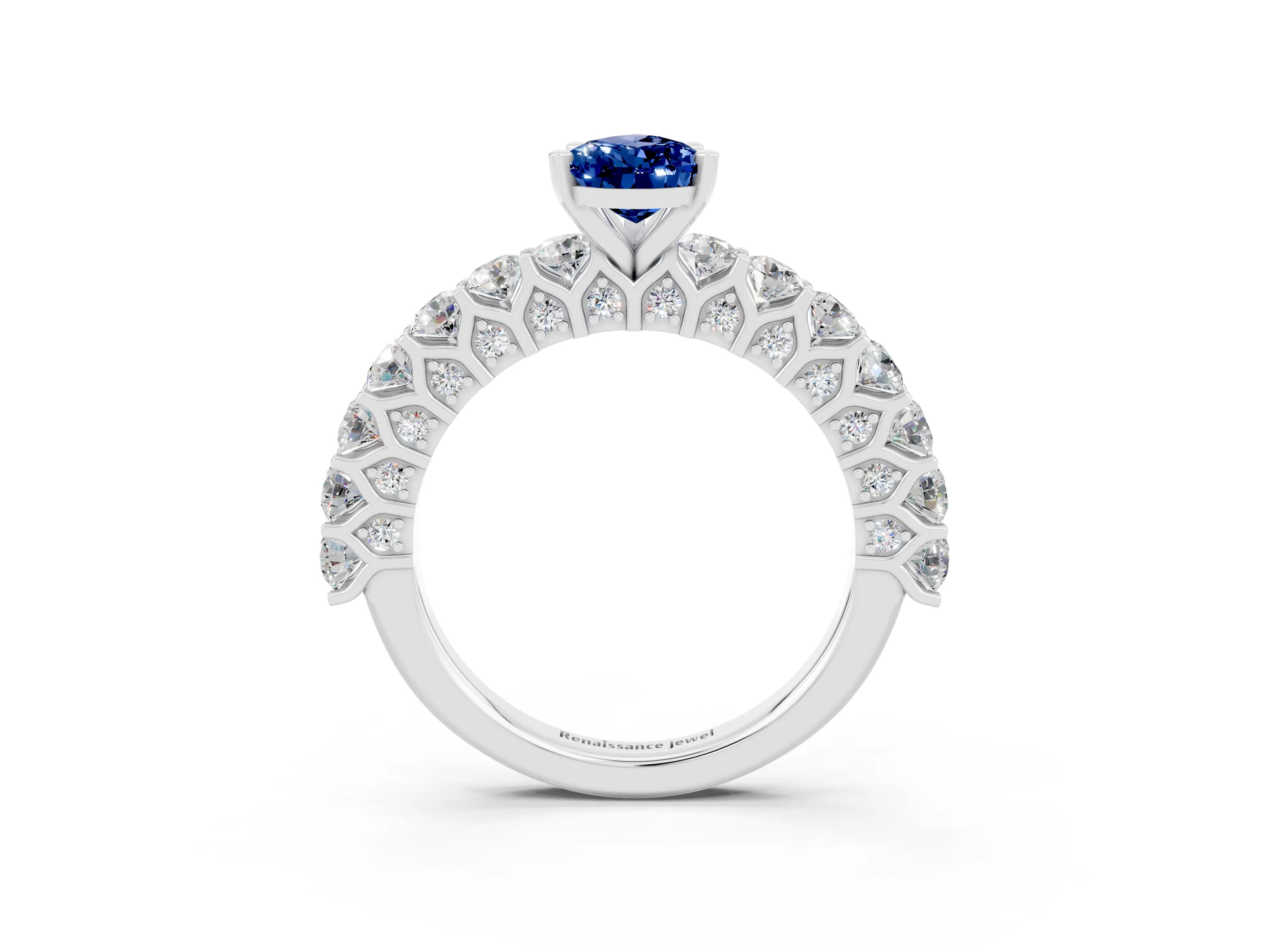 White gold Pear Cut Blue Sapphire Solitaire Ring with Shared Prong Pavé Band and Four-Prong Setting_3