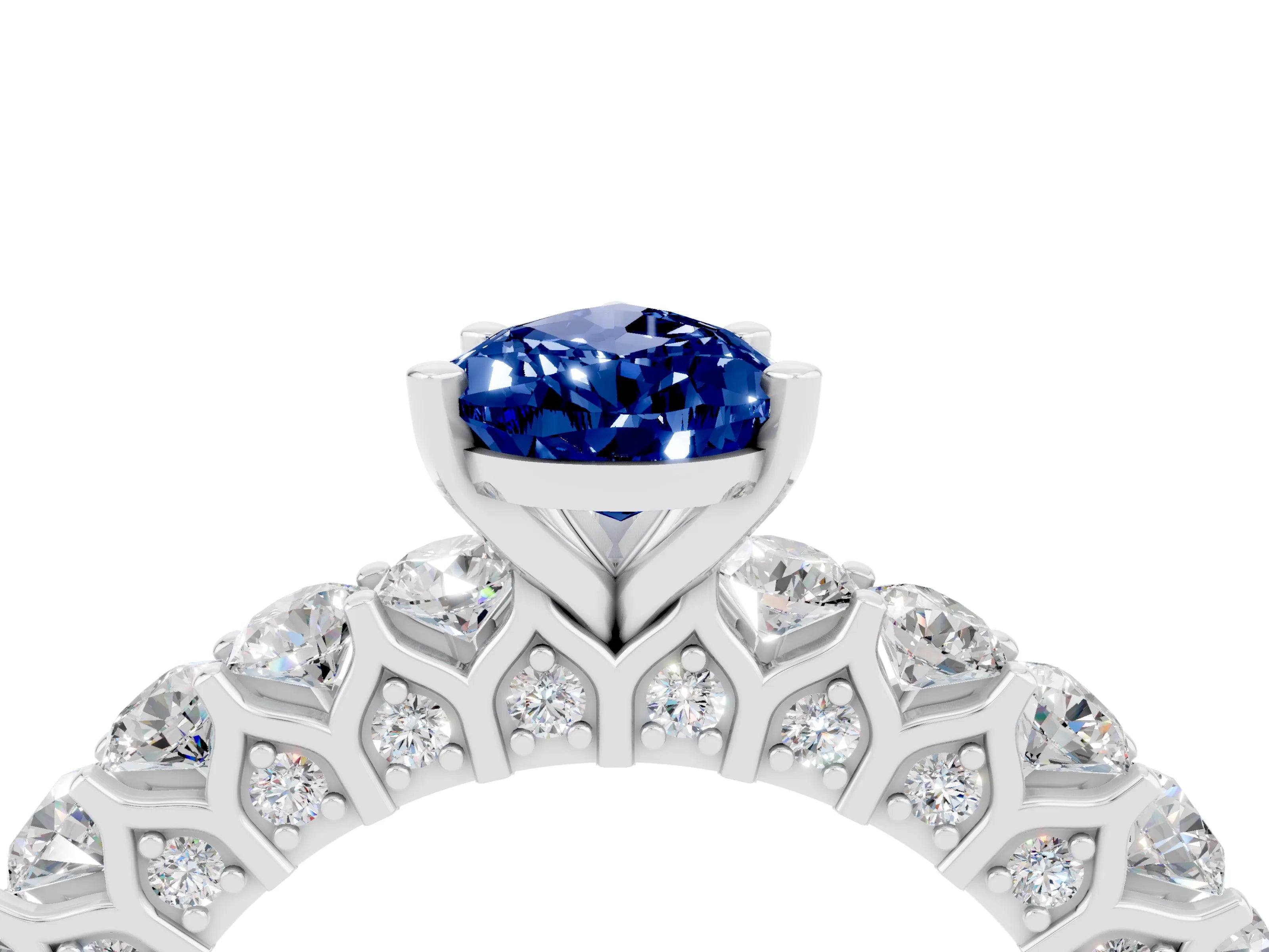 White gold Pear Cut Blue Sapphire Solitaire Ring with Shared Prong Pavé Band and Four-Prong Setting_4