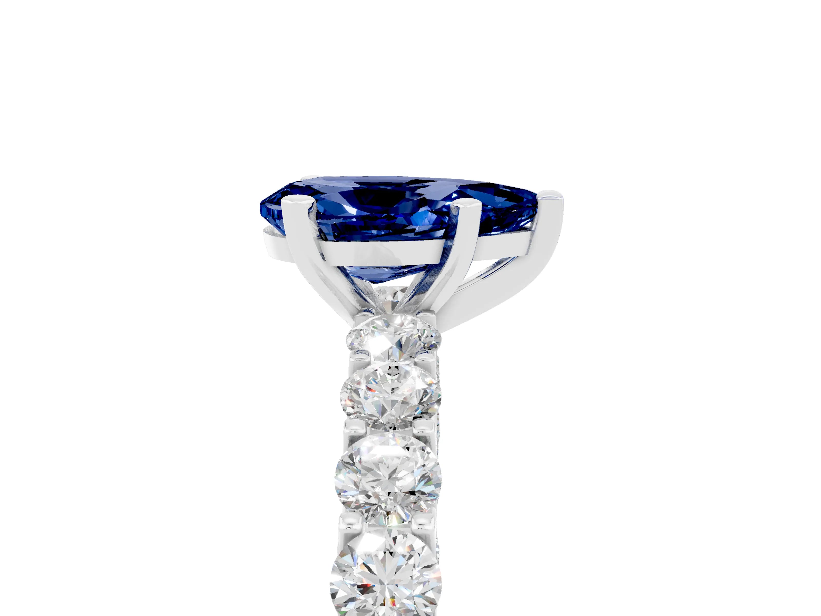White gold Pear Cut Blue Sapphire Solitaire Ring with Shared Prong Pavé Band and Four-Prong Setting_5