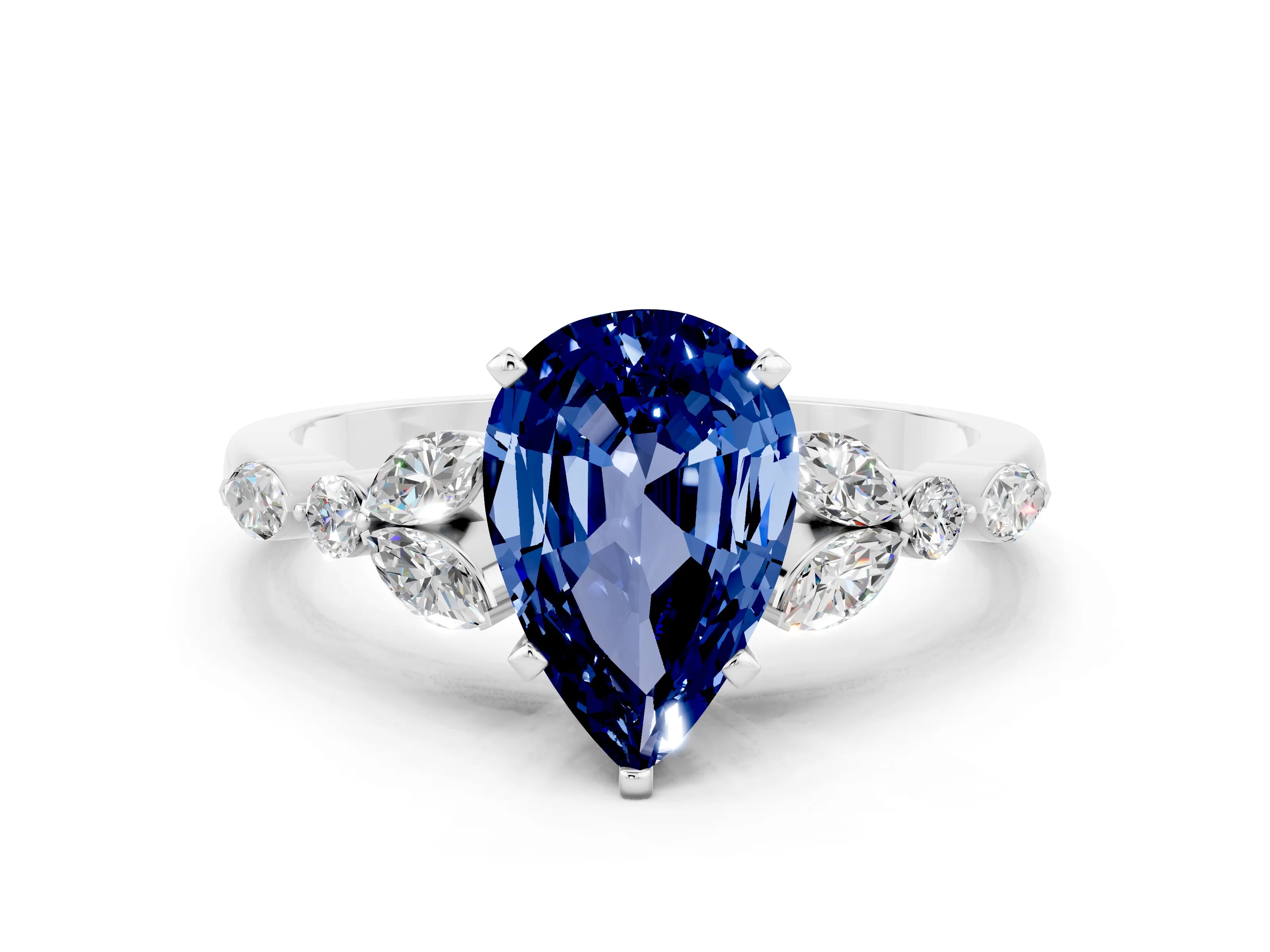 White gold Pear Cut Blue Sapphire Solitaire Ring with Side Stones and Four-Prong Setting_48