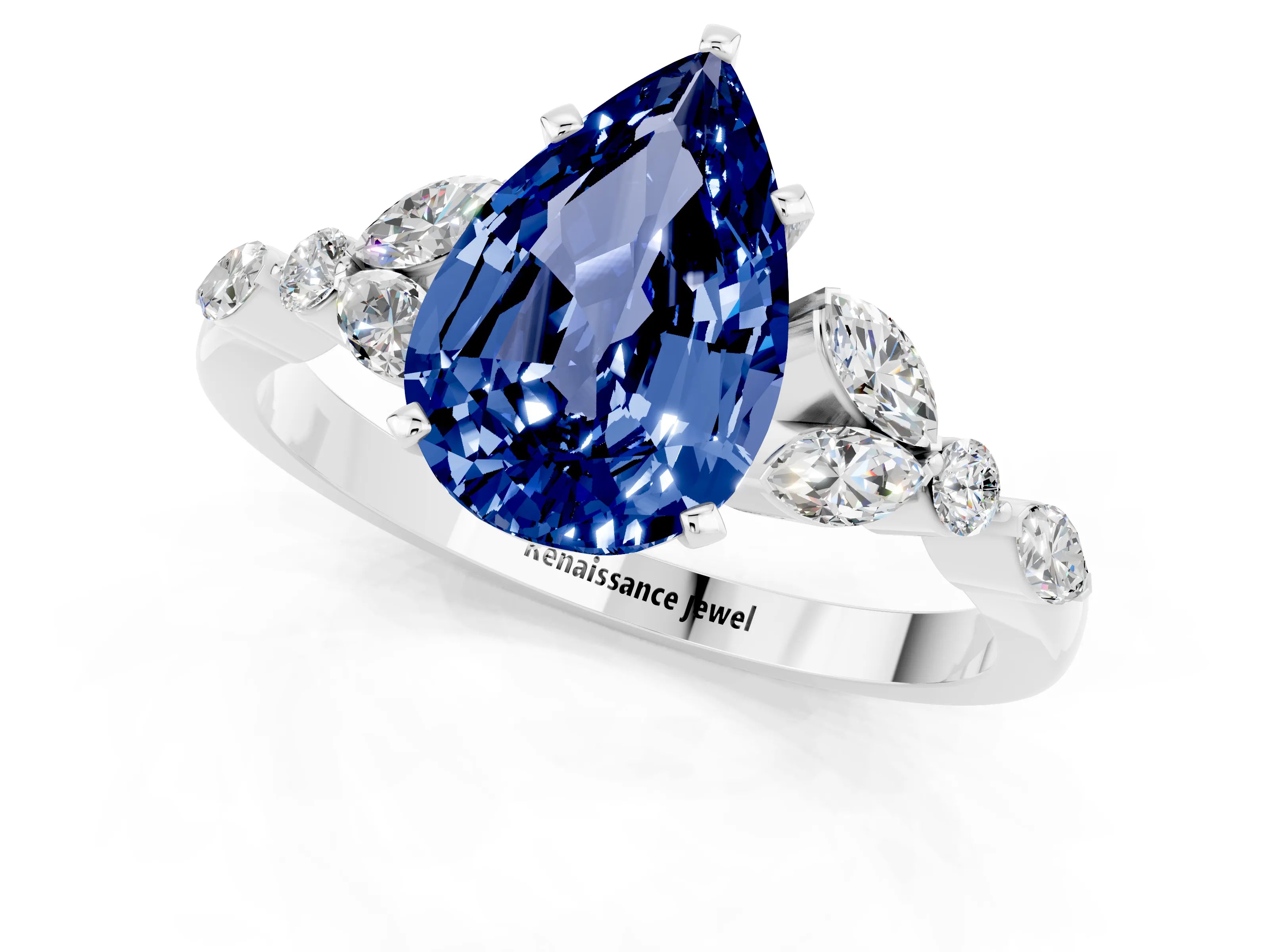White gold Pear Cut Blue Sapphire Solitaire Ring with Side Stones and Four-Prong Setting_49