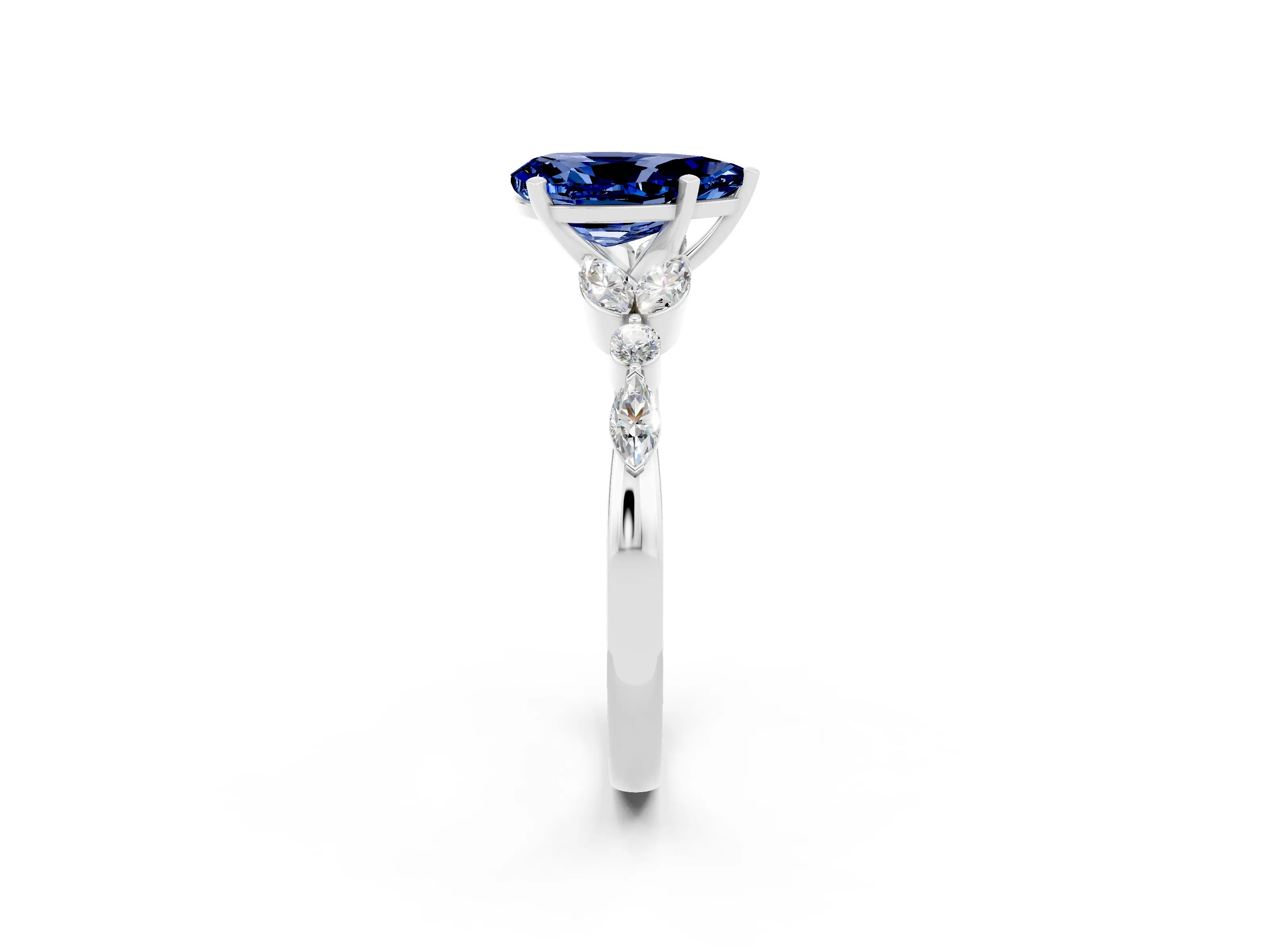 White gold Pear Cut Blue Sapphire Solitaire Ring with Side Stones and Four-Prong Setting_50