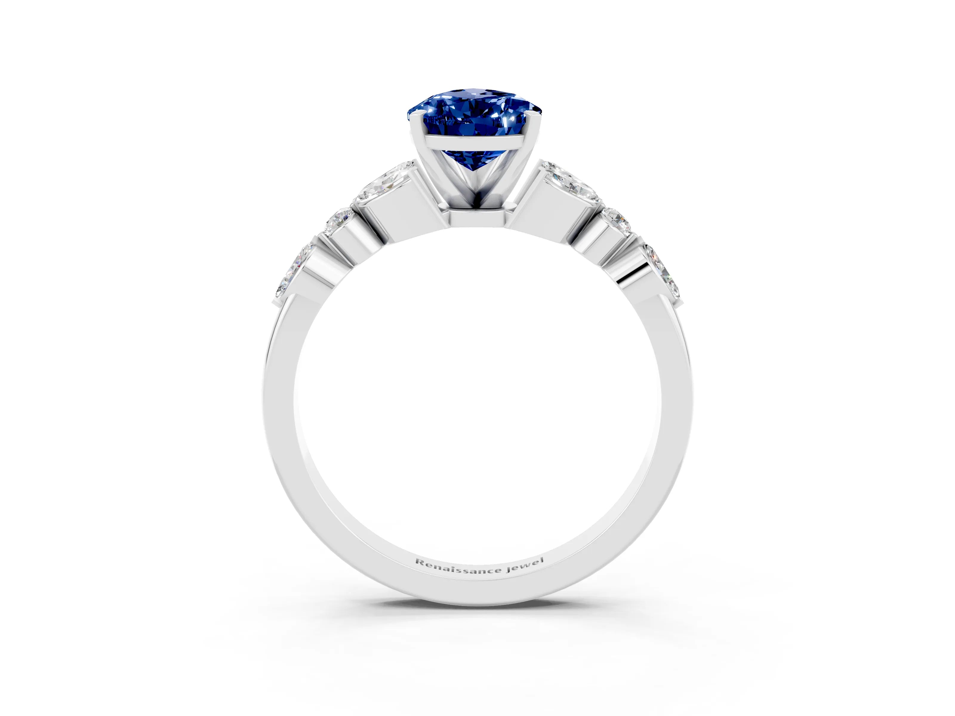 White gold Pear Cut Blue Sapphire Solitaire Ring with Side Stones and Four-Prong Setting_51