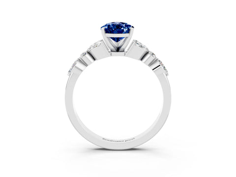 White gold Pear Cut Blue Sapphire Solitaire Ring with Side Stones and Four-Prong Setting_51