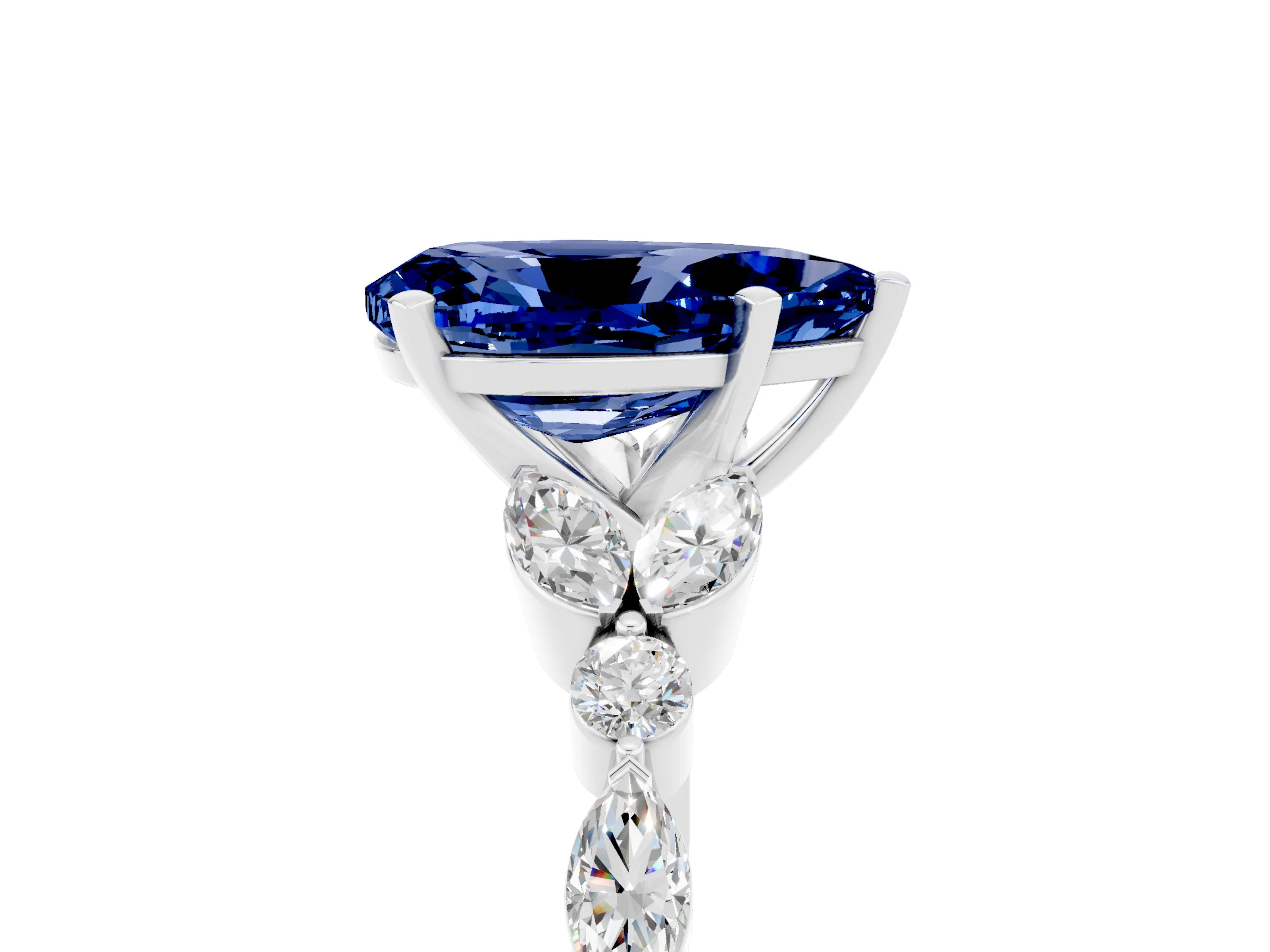 White gold Pear Cut Blue Sapphire Solitaire Ring with Side Stones and Four-Prong Setting_53