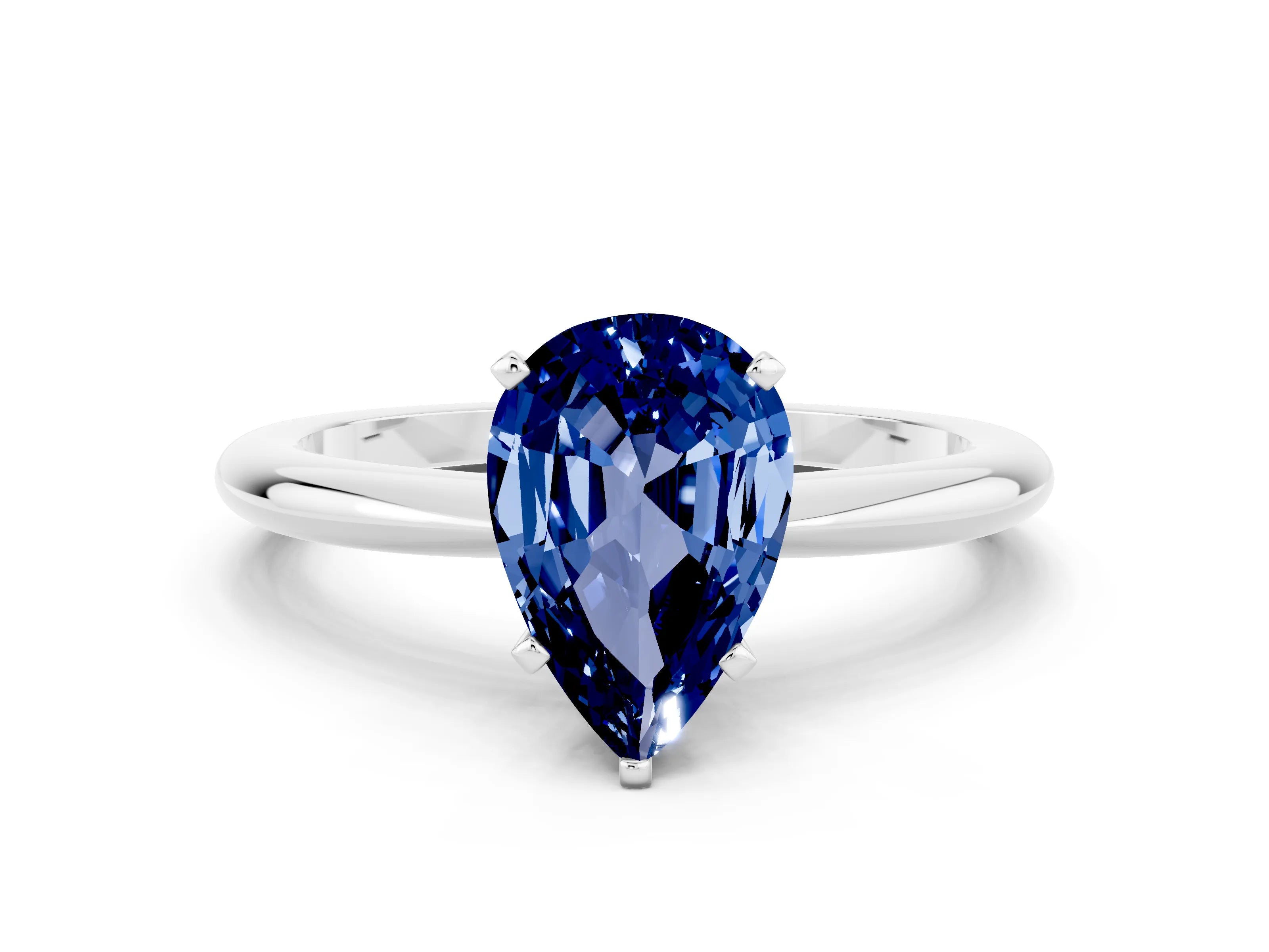 White gold Pear Cut Blue Sapphire Solitaire Ring with Six-Prong Setting and Classic Band