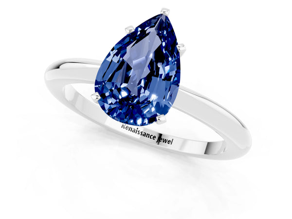 Silver Pear Cut Blue Sapphire Solitaire Ring with Six-Prong Setting and Classic Band