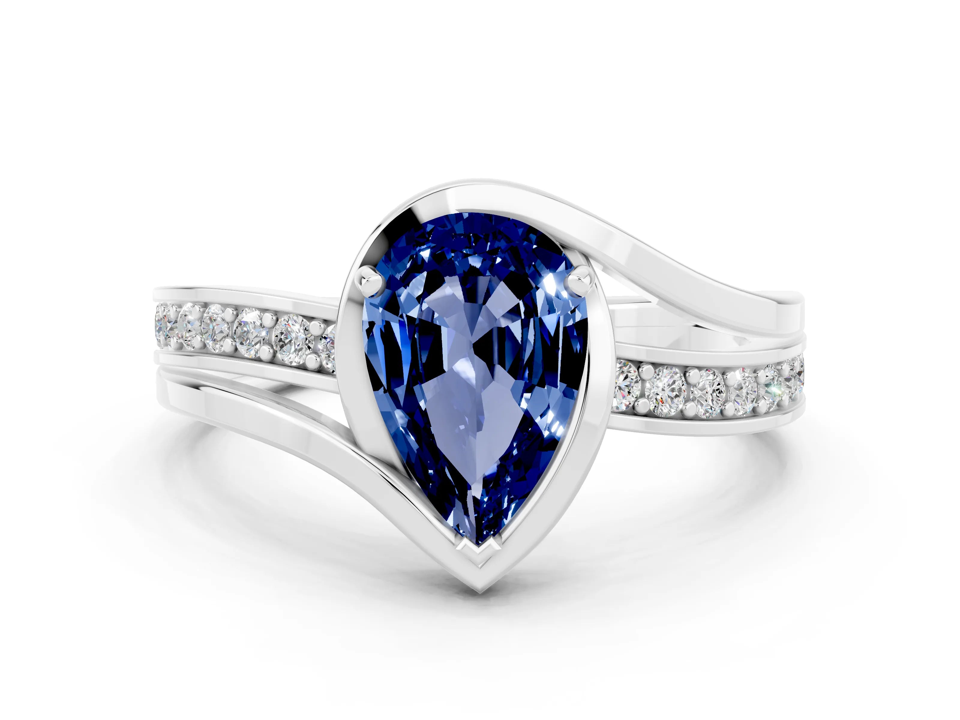 White gold Pear Cut Blue Sapphire Solitaire Ring with Split Shank and Prong Setting