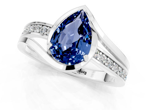 White gold Pear Cut Blue Sapphire Solitaire Ring with Split Shank and Prong Setting_1