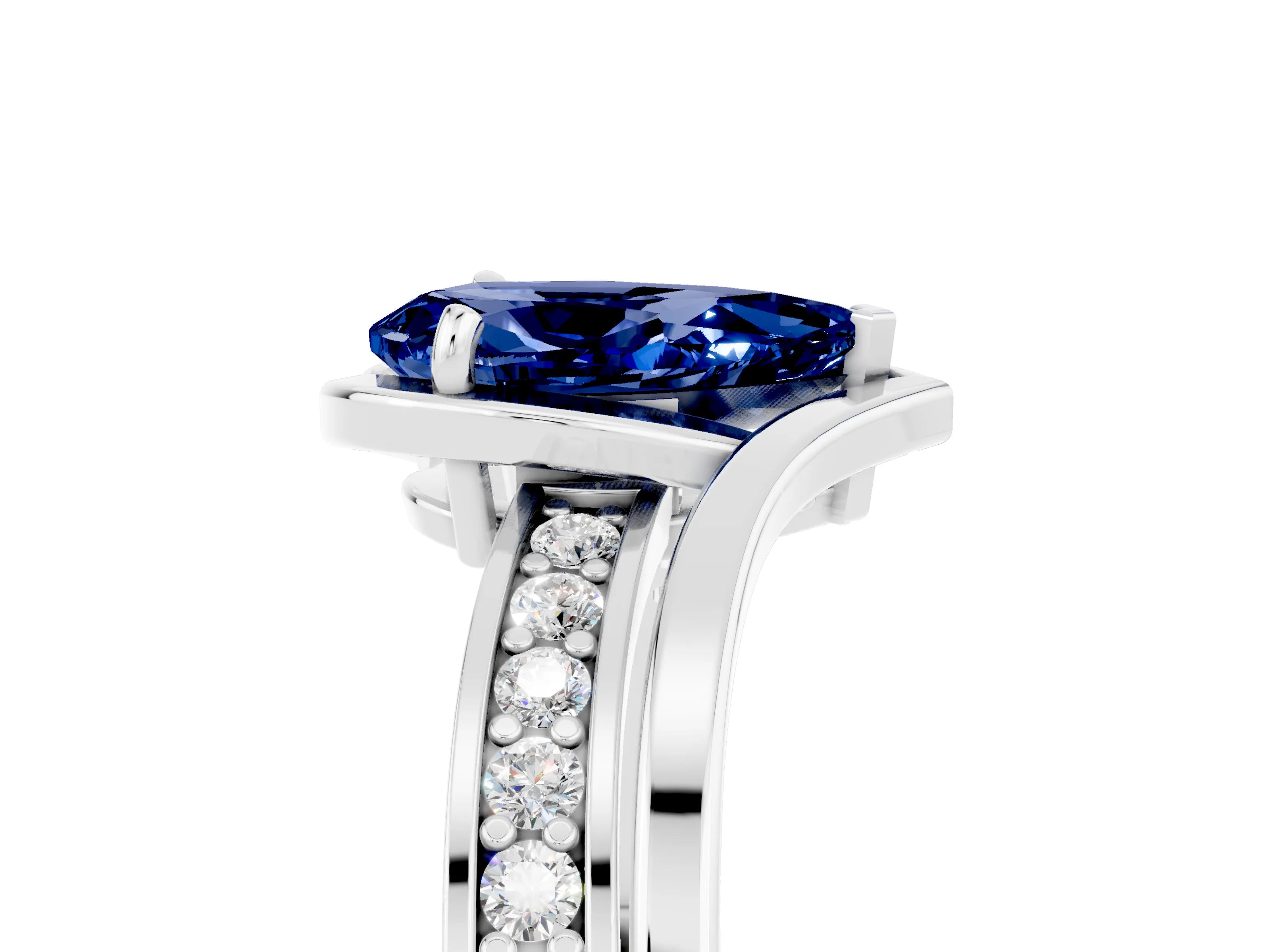 White gold Pear Cut Blue Sapphire Solitaire Ring with Split Shank and Prong Setting_5