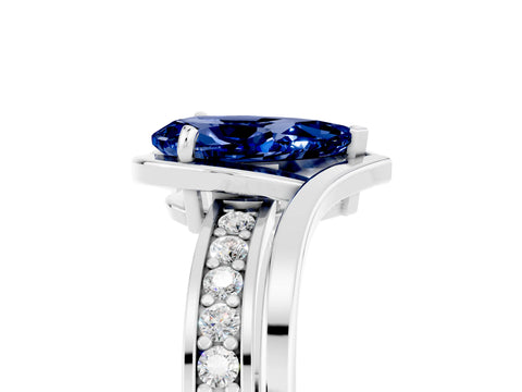 White gold Pear Cut Blue Sapphire Solitaire Ring with Split Shank and Prong Setting_5