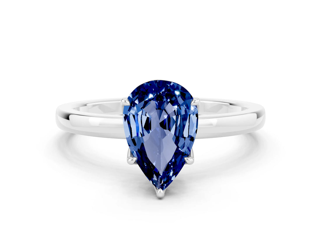 White gold Pear Cut Blue Sapphire Solitaire Ring with Thin Band and Prong Setting_12