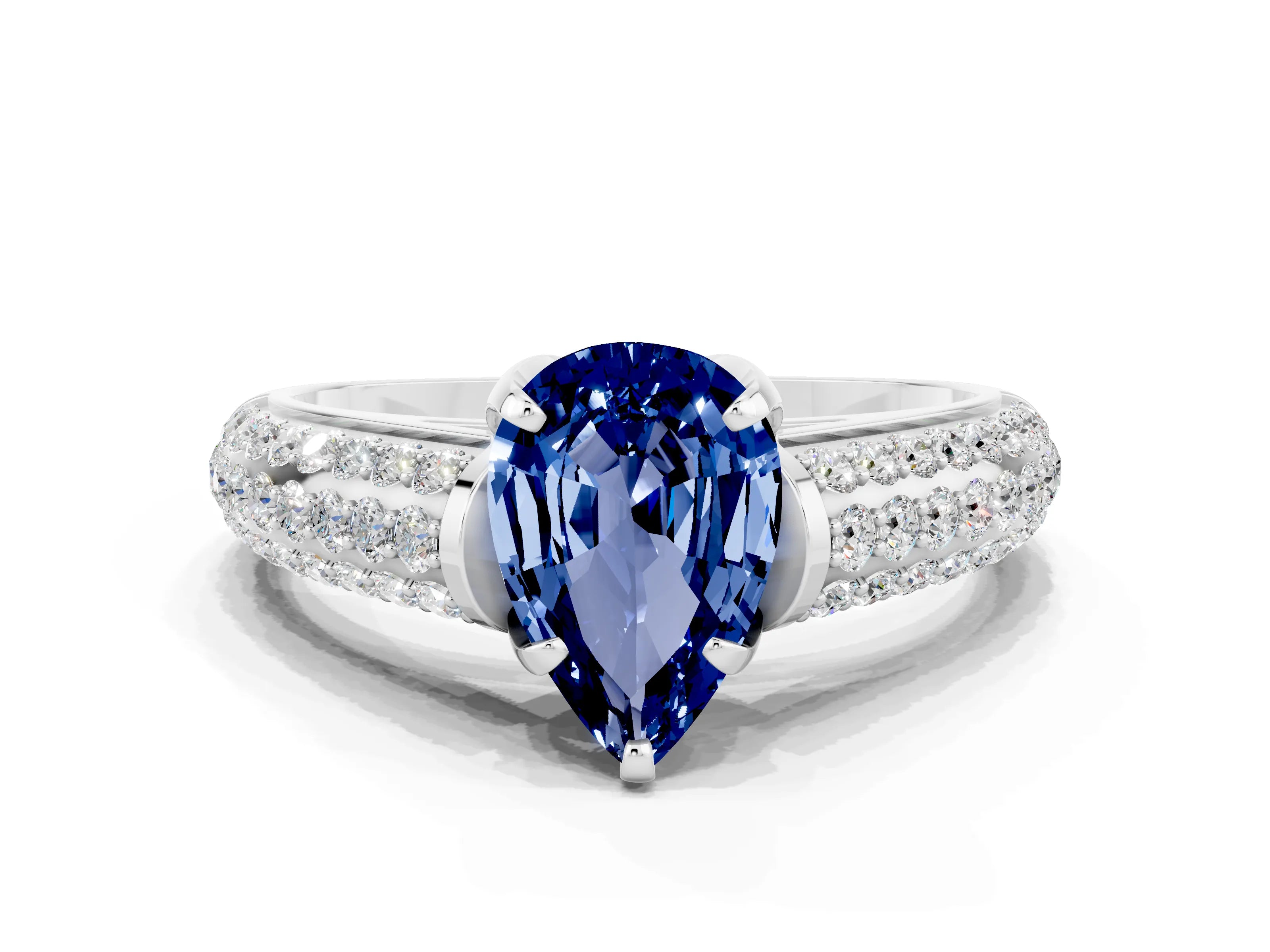 White gold Pear Cut Blue Sapphire Solitaire Ring with Three-Row Pavé Band and Four-Prong Setting_12