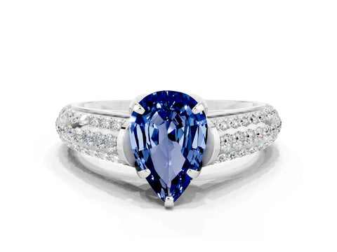 White gold Pear Cut Blue Sapphire Solitaire Ring with Three-Row Pavé Band and Four-Prong Setting_12
