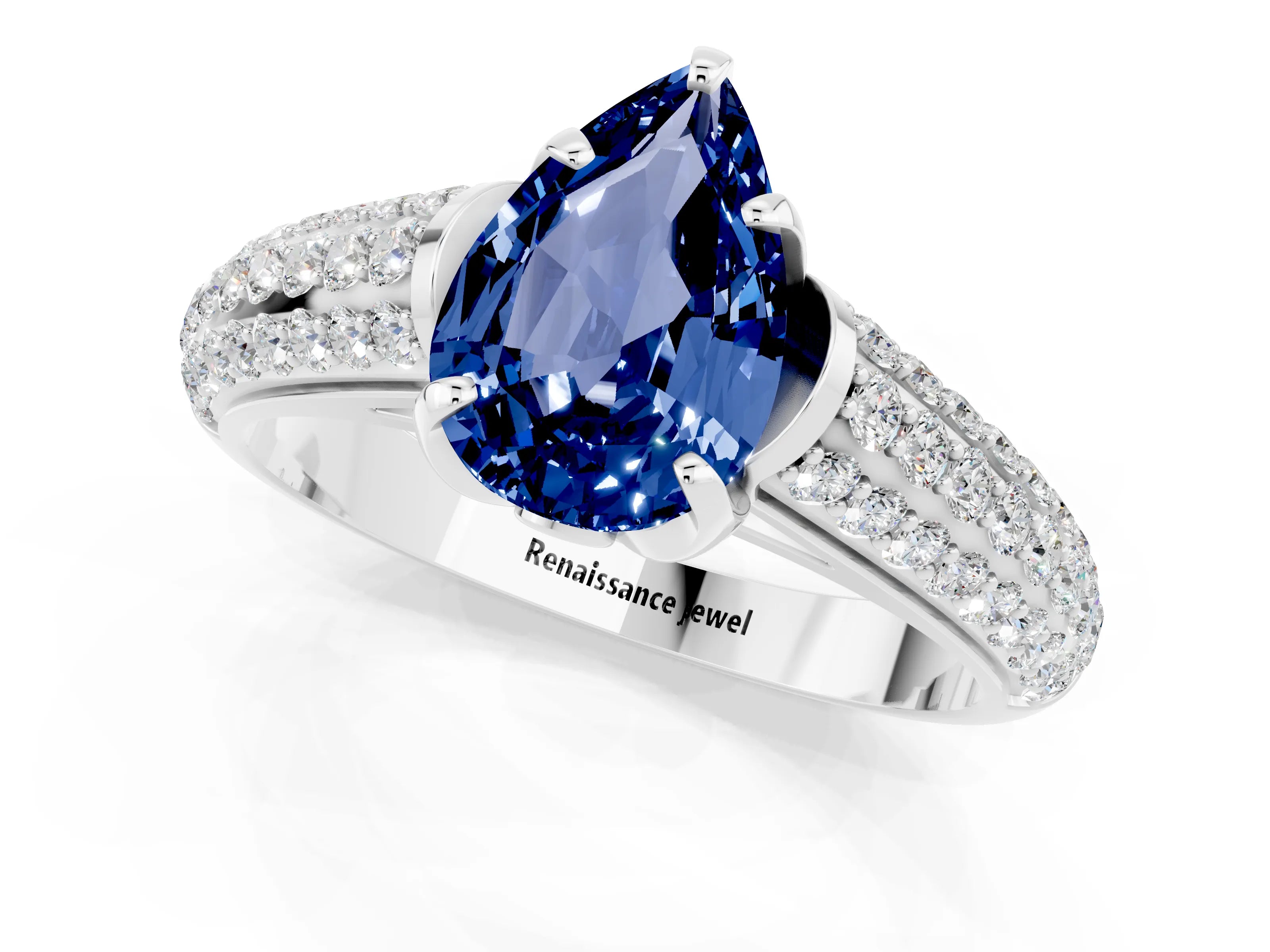 White gold Pear Cut Blue Sapphire Solitaire Ring with Three-Row Pavé Band and Four-Prong Setting_13