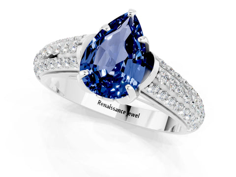 White gold Pear Cut Blue Sapphire Solitaire Ring with Three-Row Pavé Band and Four-Prong Setting_13