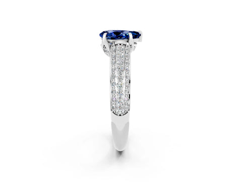 White gold Pear Cut Blue Sapphire Solitaire Ring with Three-Row Pavé Band and Four-Prong Setting_14