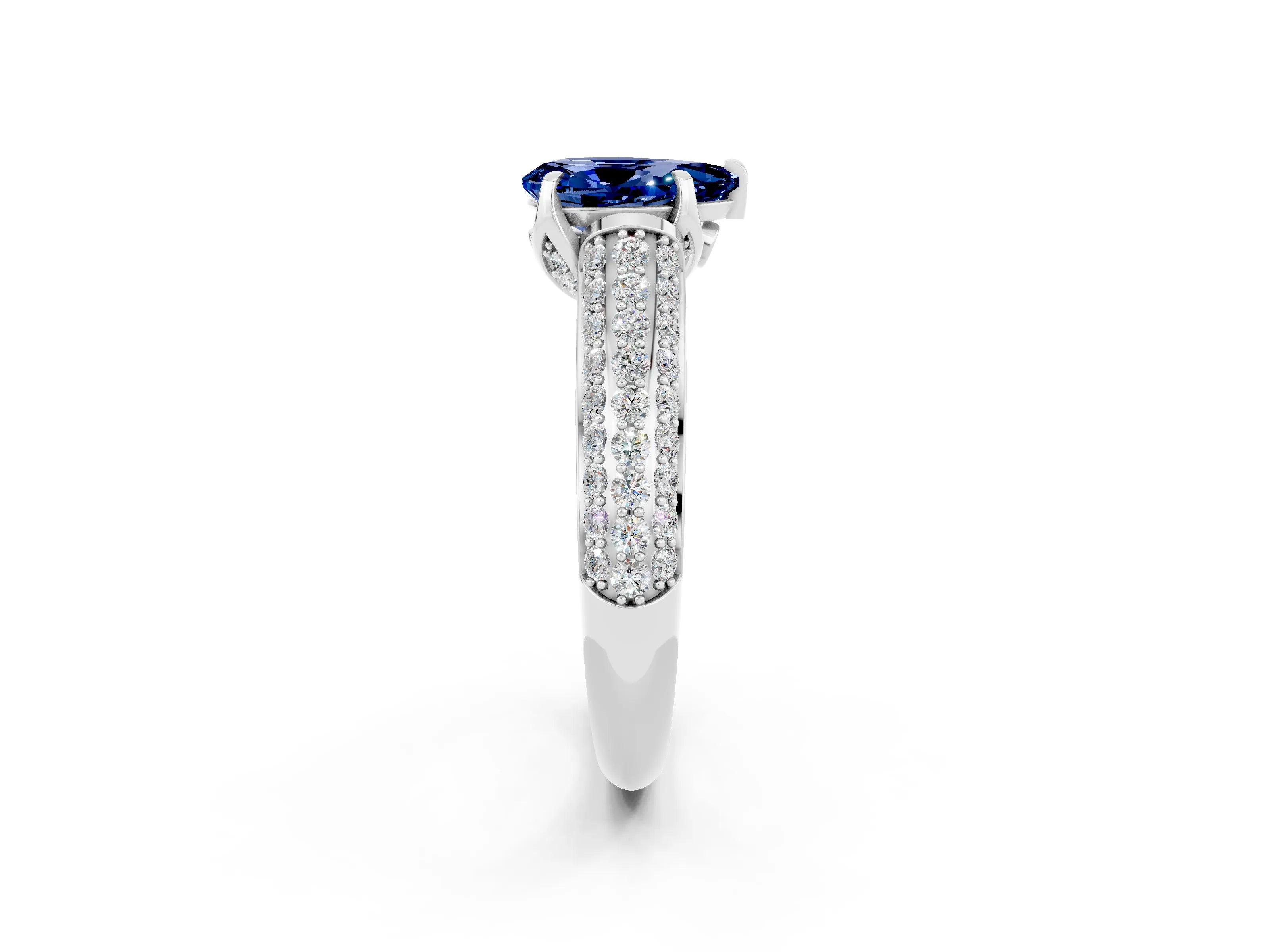 White gold Pear Cut Blue Sapphire Solitaire Ring with Three-Row Pavé Band and Four-Prong Setting_14