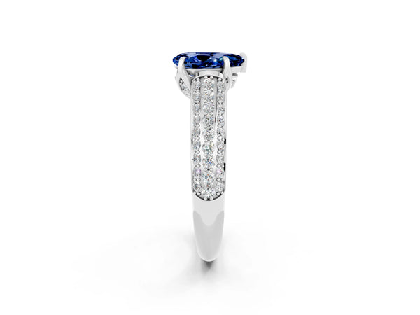 Silver Pear Cut Blue Sapphire Solitaire Ring with Three-Row Pavé Band and Four-Prong Setting