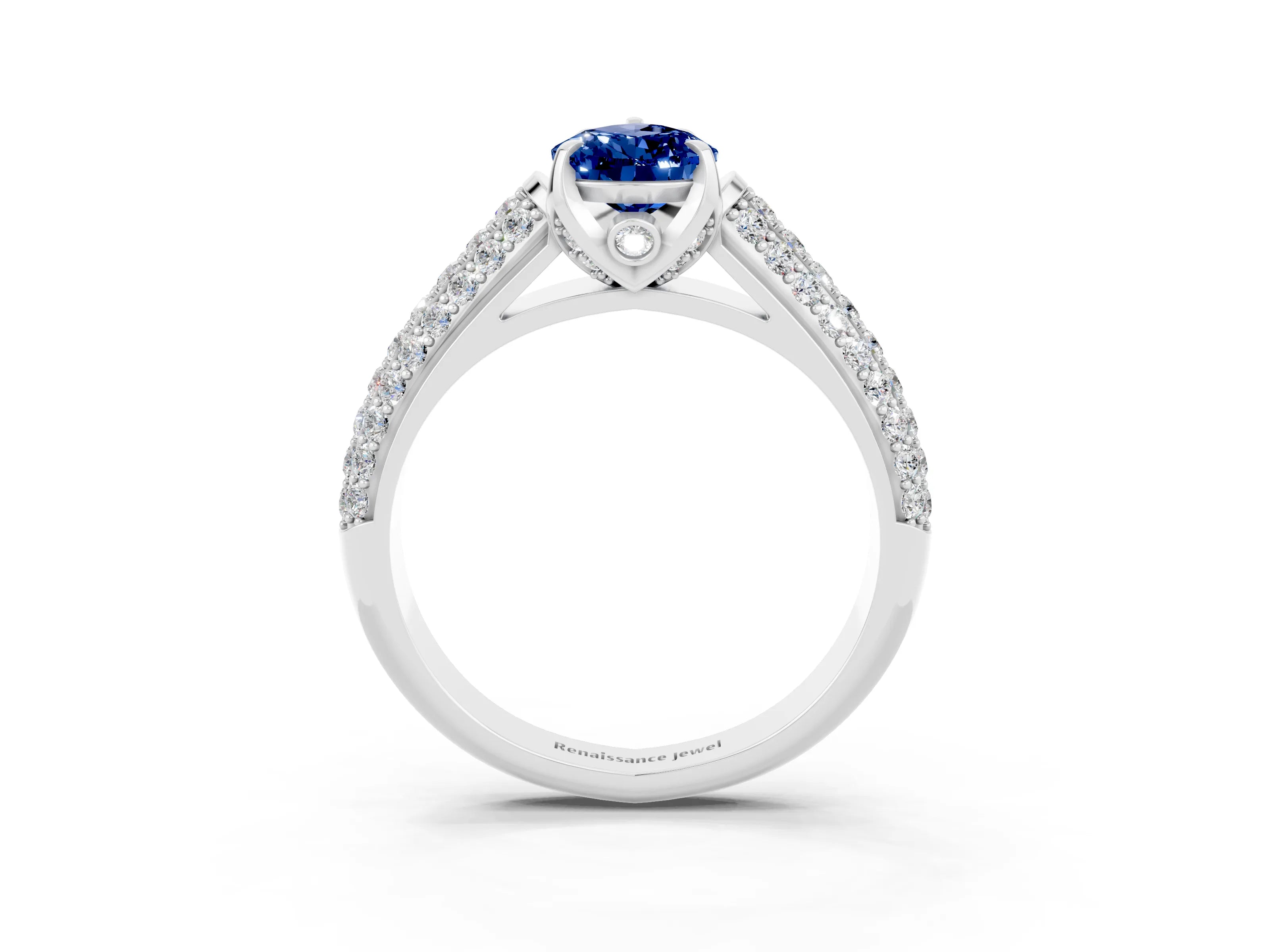 White gold Pear Cut Blue Sapphire Solitaire Ring with Three-Row Pavé Band and Four-Prong Setting_15