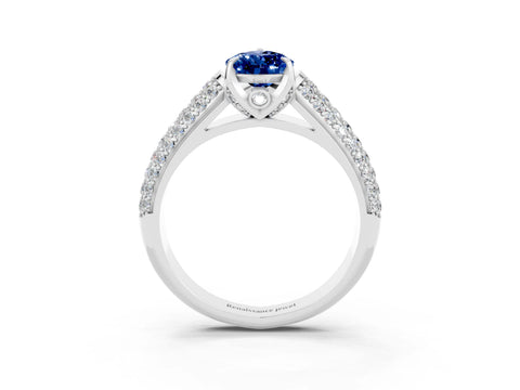 White gold Pear Cut Blue Sapphire Solitaire Ring with Three-Row Pavé Band and Four-Prong Setting_15