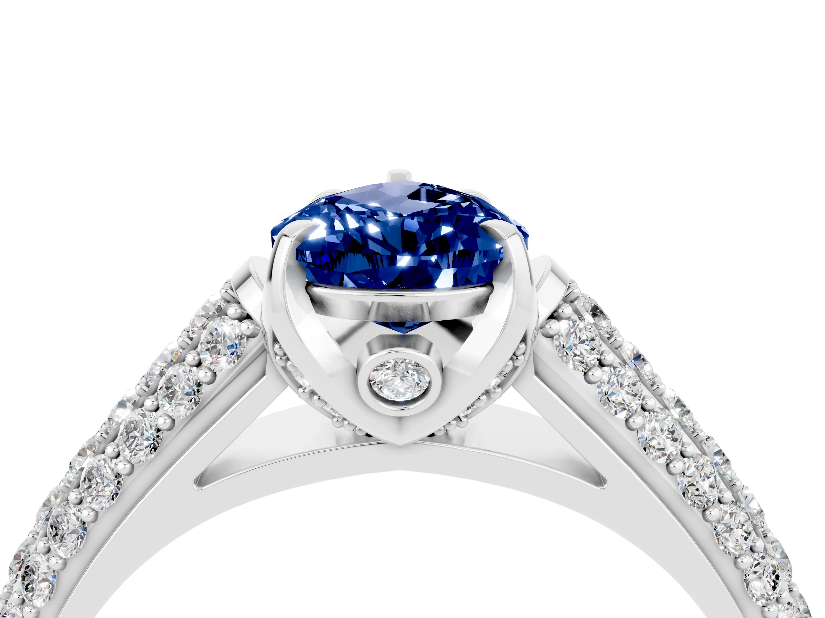 White gold Pear Cut Blue Sapphire Solitaire Ring with Three-Row Pavé Band and Four-Prong Setting_16