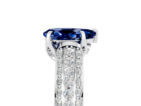 White gold Pear Cut Blue Sapphire Solitaire Ring with Three-Row Pavé Band and Four-Prong Setting_17