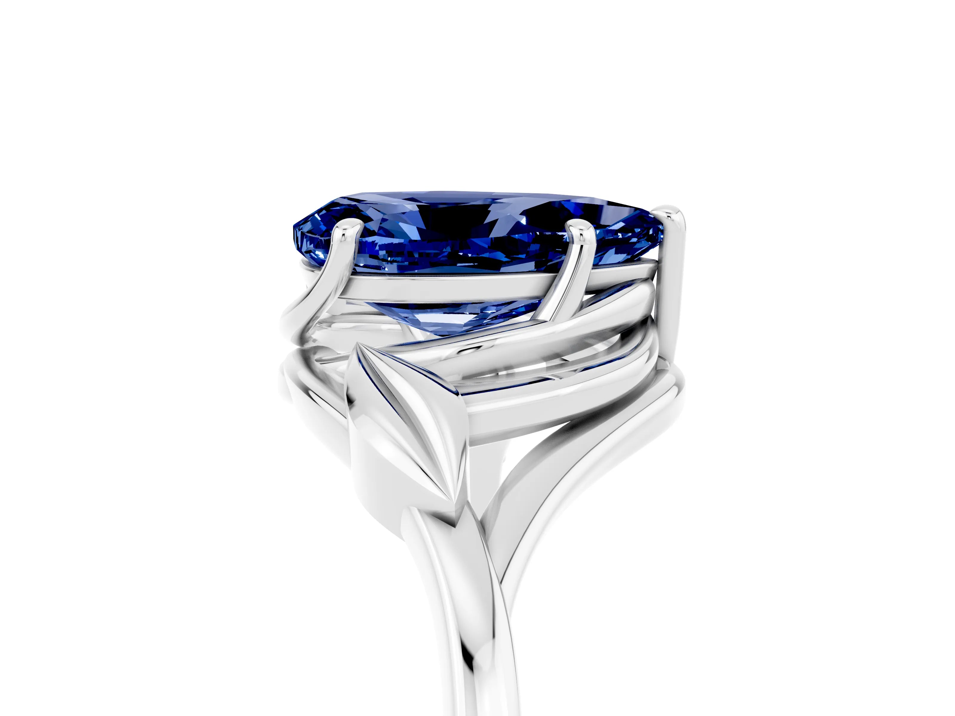 White gold Pear Cut Blue Sapphire Solitaire Ring with Twist Band and Four-Prong Setting_17