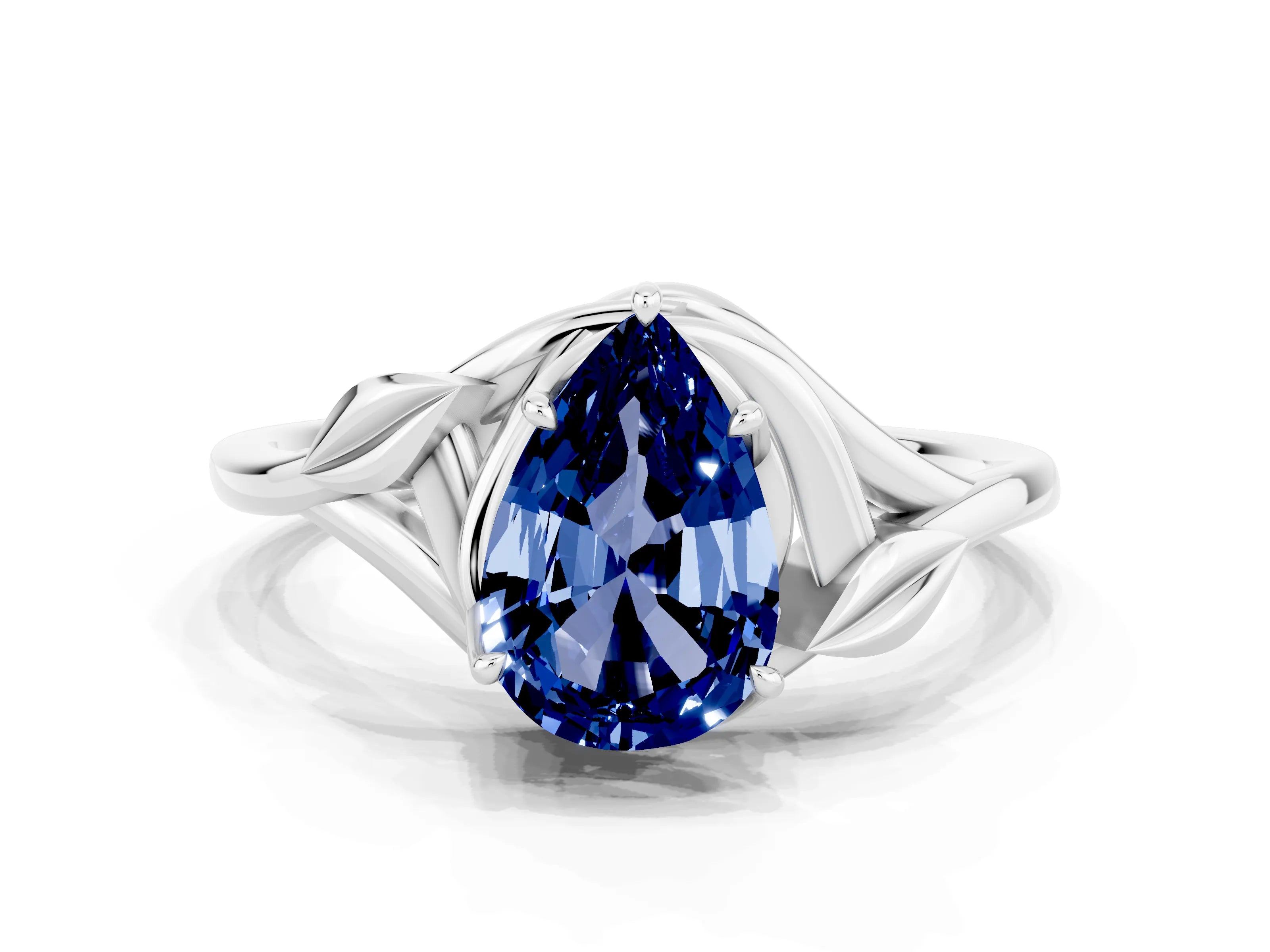 White gold Pear Cut Blue Sapphire Solitaire Ring with Twist Band and Four-Prong Setting_36